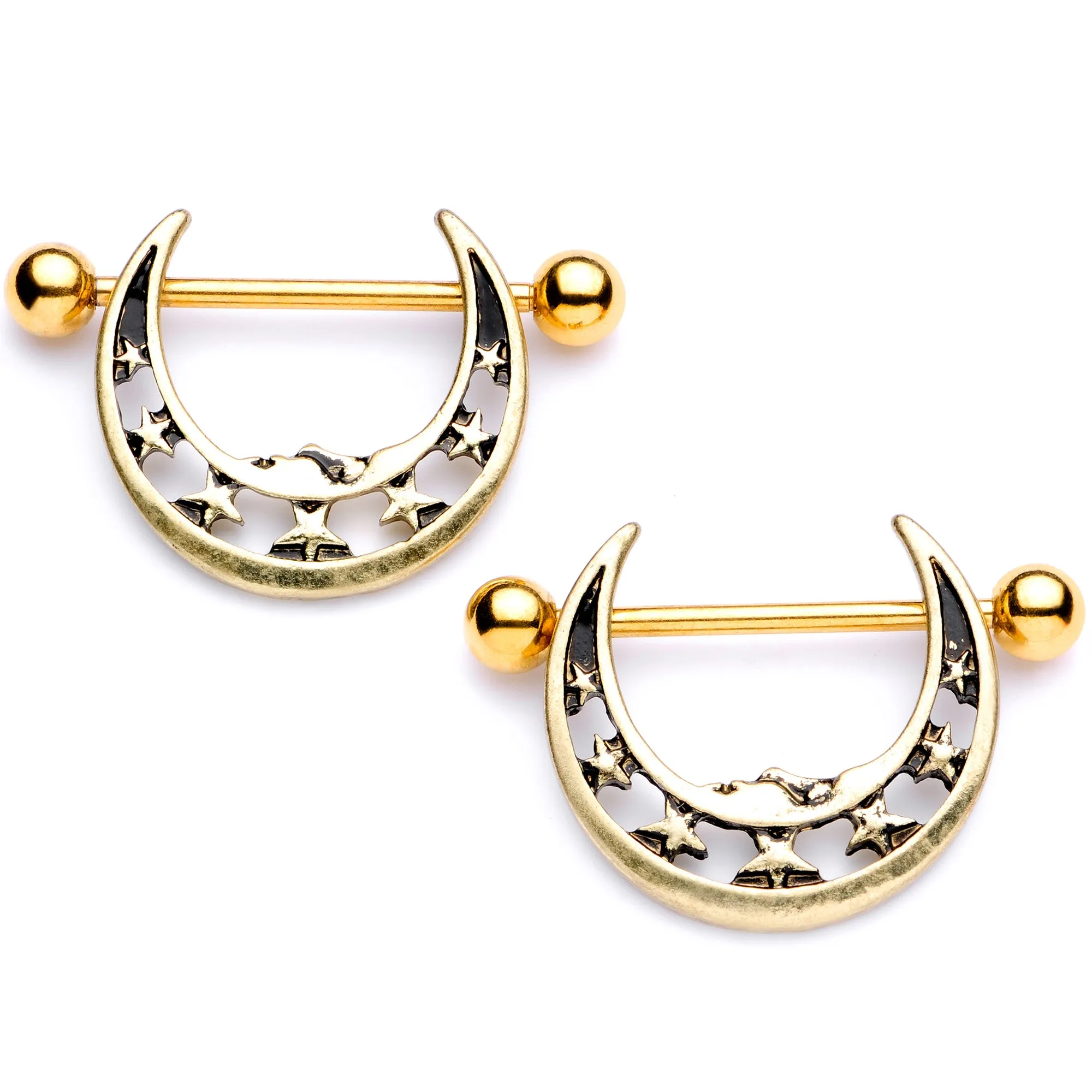 14 Gauge 7/8 Gold Tone Starry Crescent Moon Nipple Shield Set