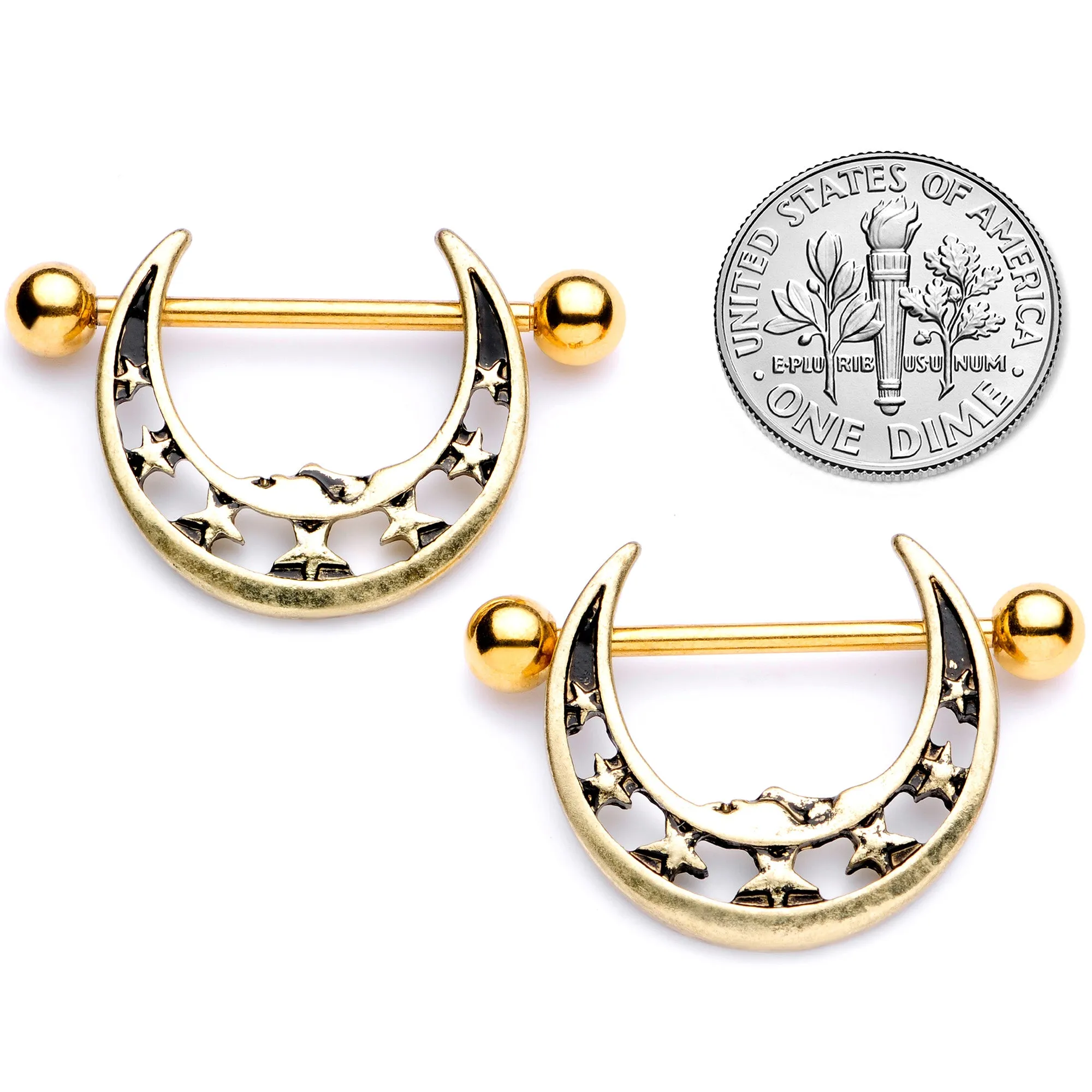 14 Gauge 7/8 Gold Tone Starry Crescent Moon Nipple Shield Set