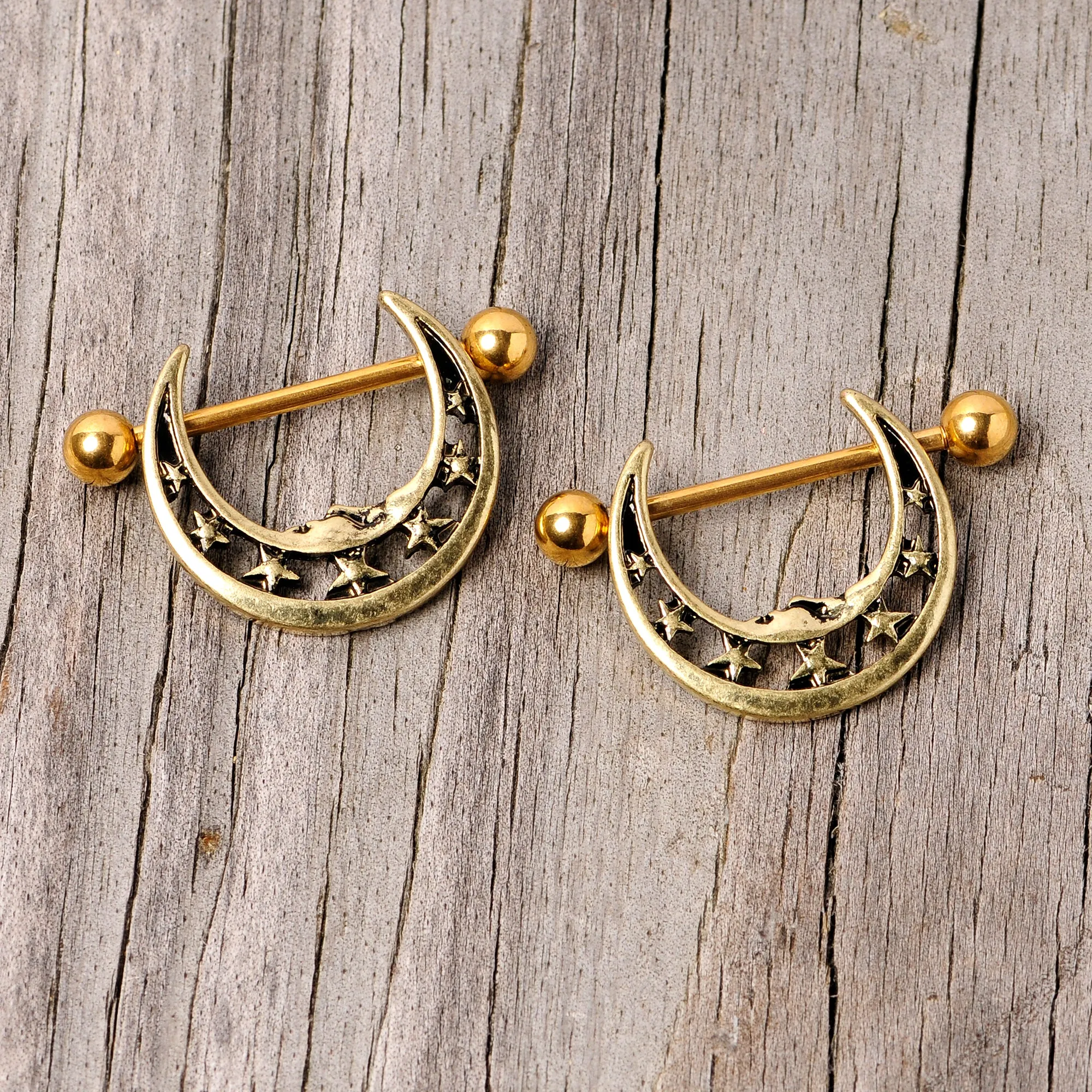 14 Gauge 7/8 Gold Tone Starry Crescent Moon Nipple Shield Set