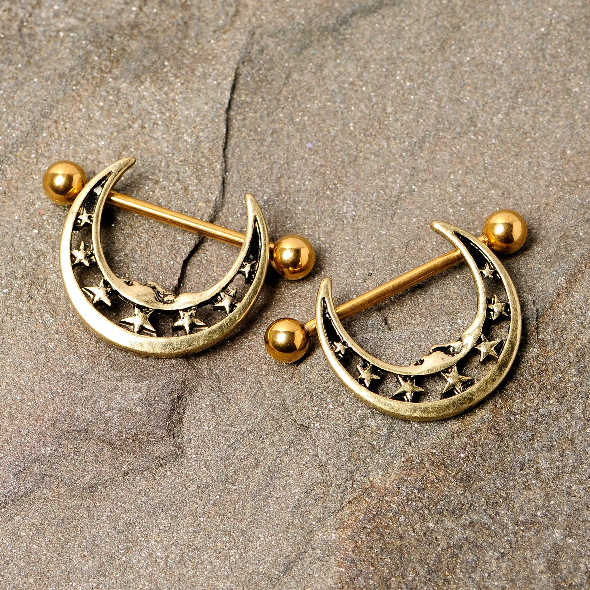 14 Gauge 7/8 Gold Tone Starry Crescent Moon Nipple Shield Set