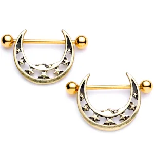 14 Gauge 7/8 Gold Tone Starry Crescent Moon Nipple Shield Set