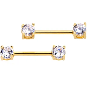 14 Gauge 9/16 Clear CZ Gem Gold Tone Barbell Nipple Ring Set