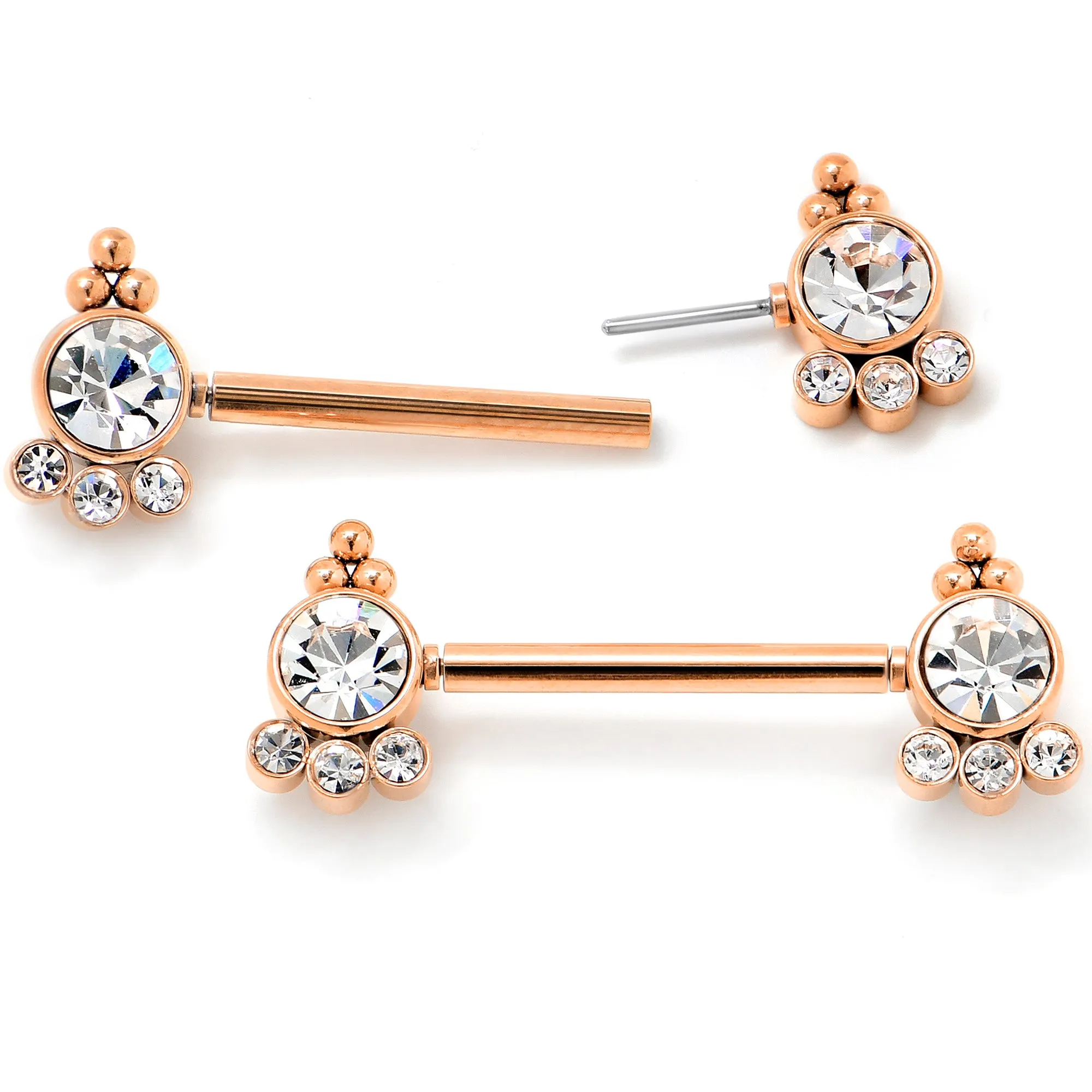 14 Gauge 9/16 Clear CZ Gem Rose Gold Tone Style Threadless Nipple Ring Set