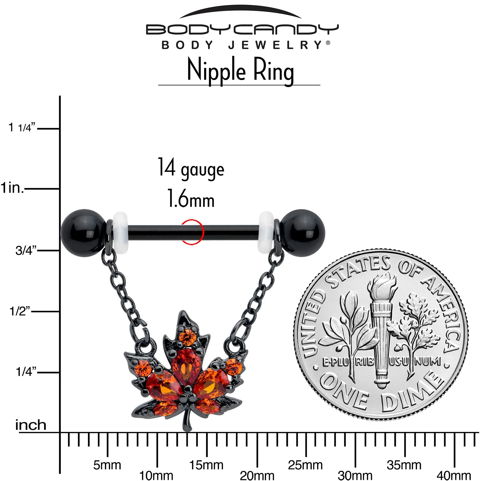 14 Gauge 9/16 Orange CZ Gem Black Autumn Leaf Dangle Nipple Ring Set