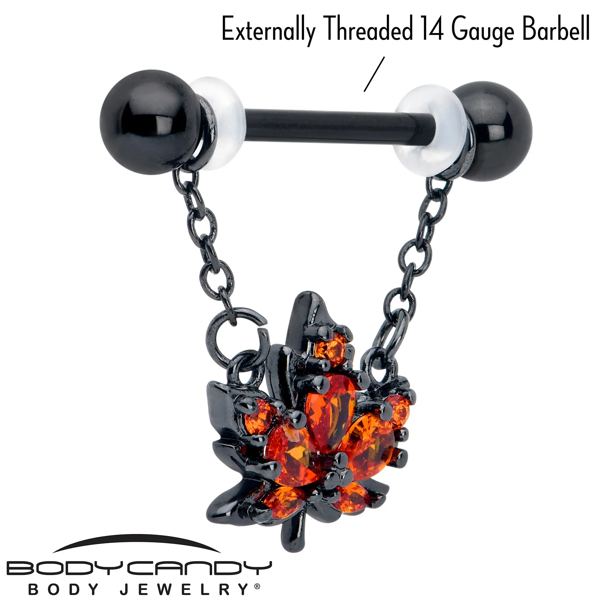 14 Gauge 9/16 Orange CZ Gem Black Autumn Leaf Dangle Nipple Ring Set