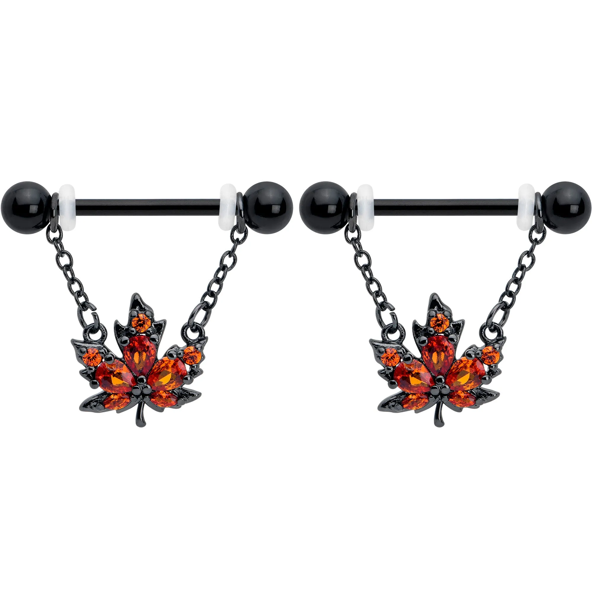 14 Gauge 9/16 Orange CZ Gem Black Autumn Leaf Dangle Nipple Ring Set