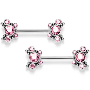 14 Gauge 9/16 Pink CZ Gem Circles Threadless Barbell Nipple Ring Set