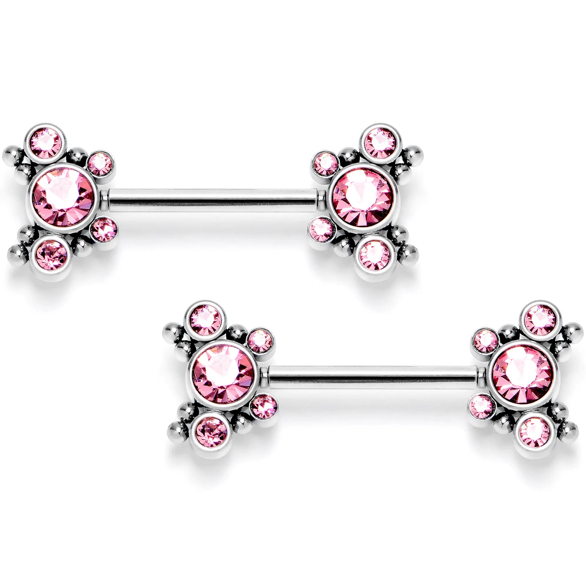 14 Gauge 9/16 Pink CZ Gem Circles Threadless Barbell Nipple Ring Set