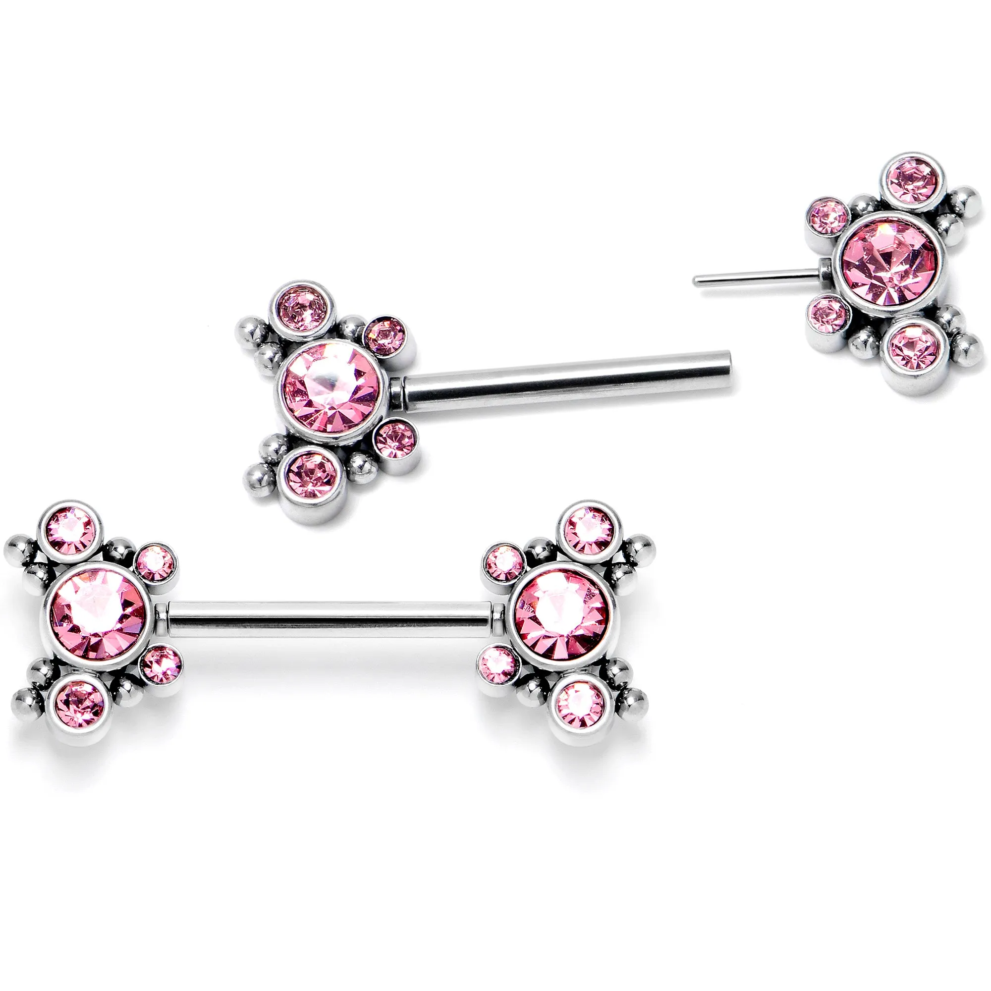 14 Gauge 9/16 Pink CZ Gem Circles Threadless Barbell Nipple Ring Set