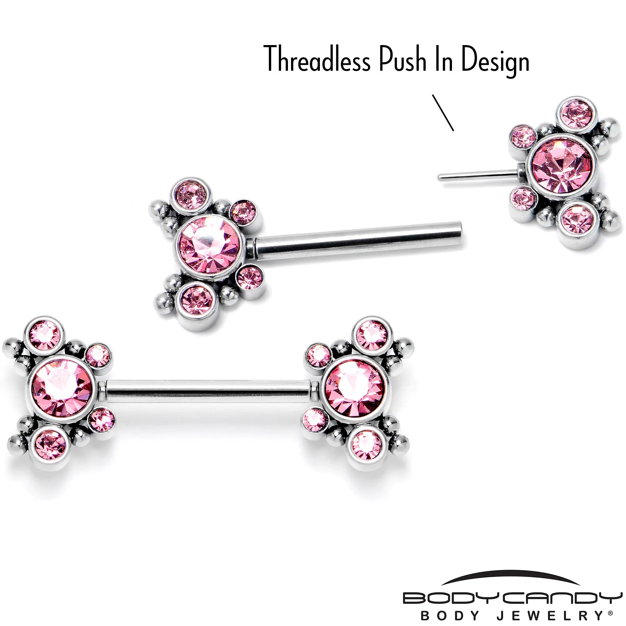 14 Gauge 9/16 Pink CZ Gem Circles Threadless Barbell Nipple Ring Set