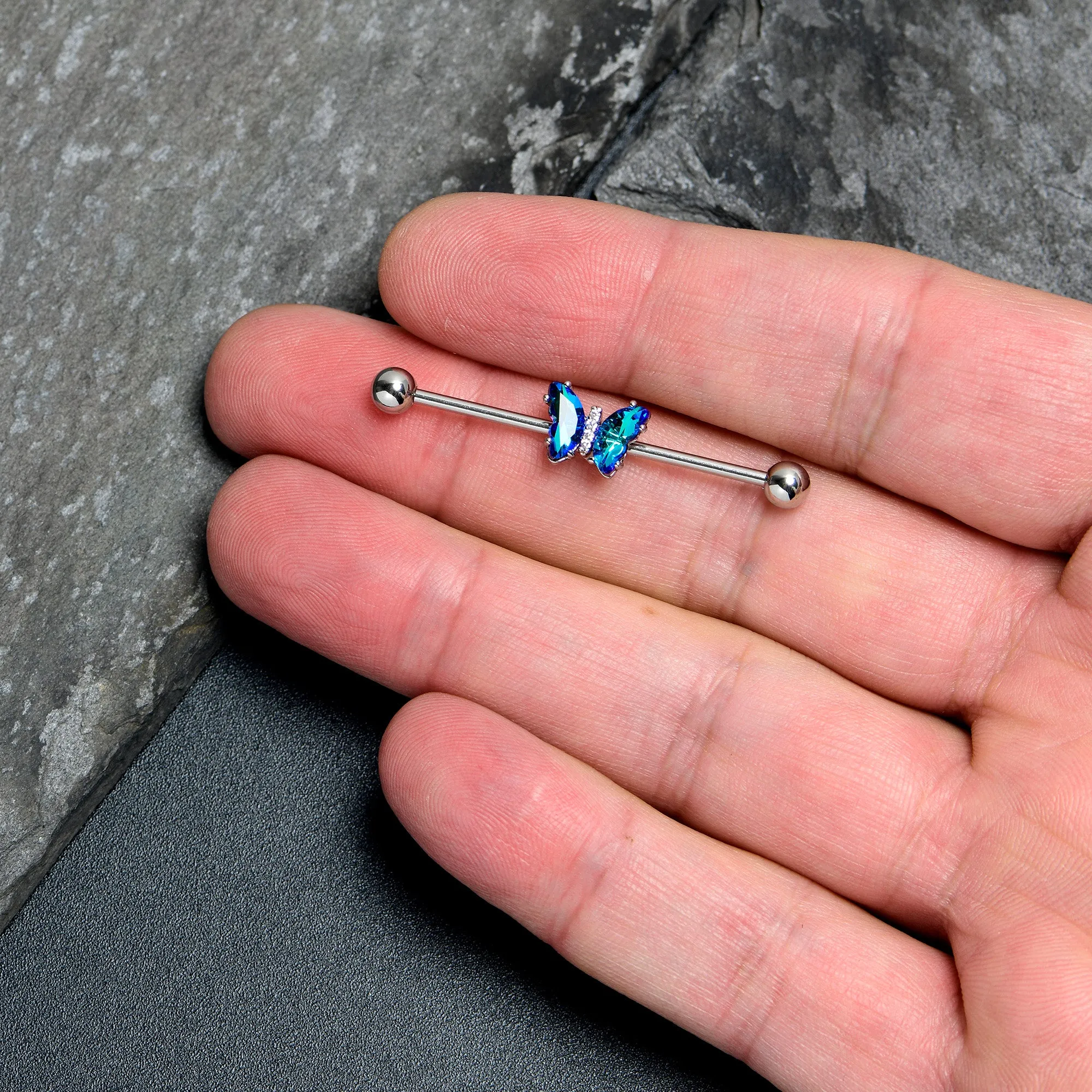 14 Gauge Blue CZ Gem Simply Colorful Butterfly Industrial Barbell 38mm