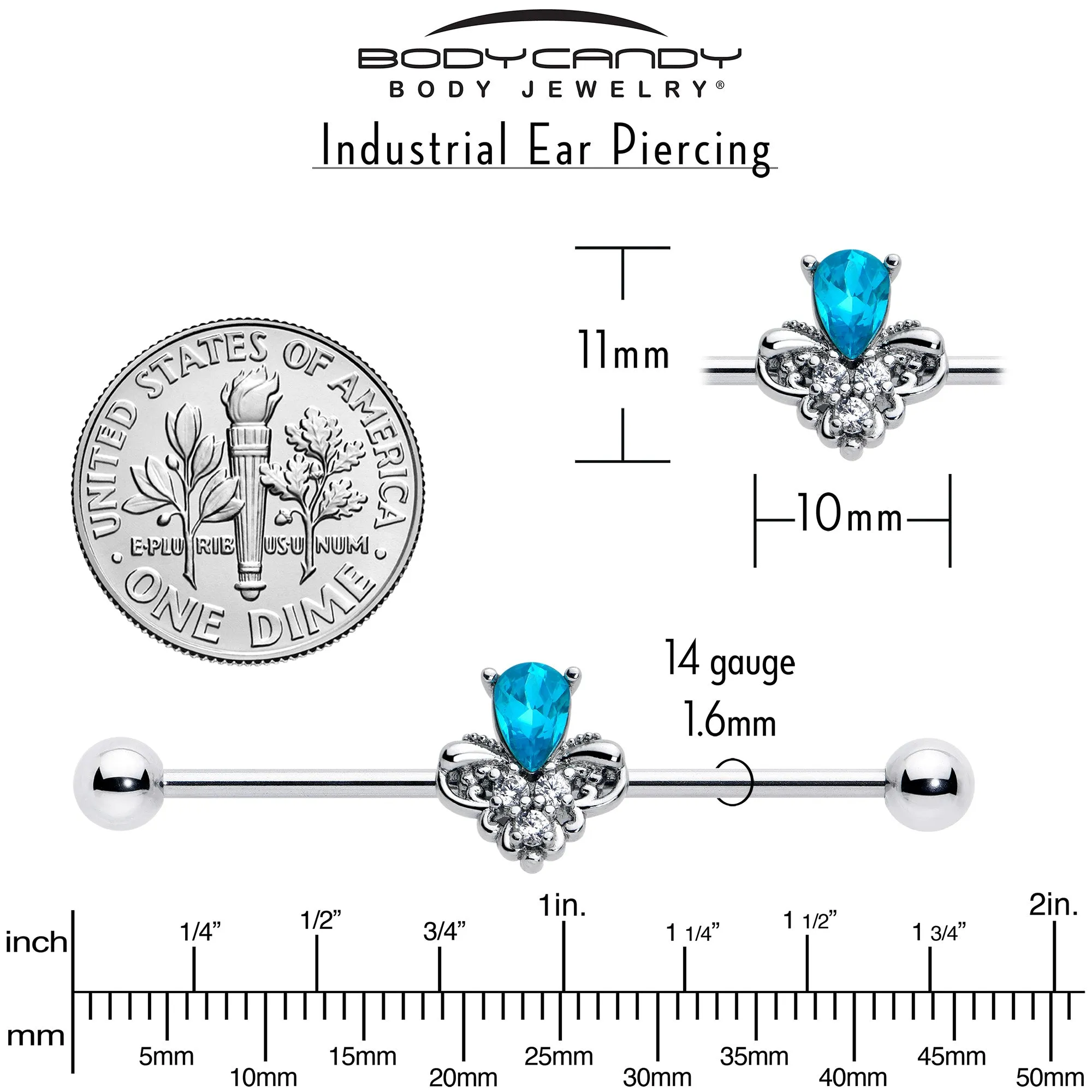 14 Gauge Blue Gem Style Simplicity Industrial Barbell 38mm