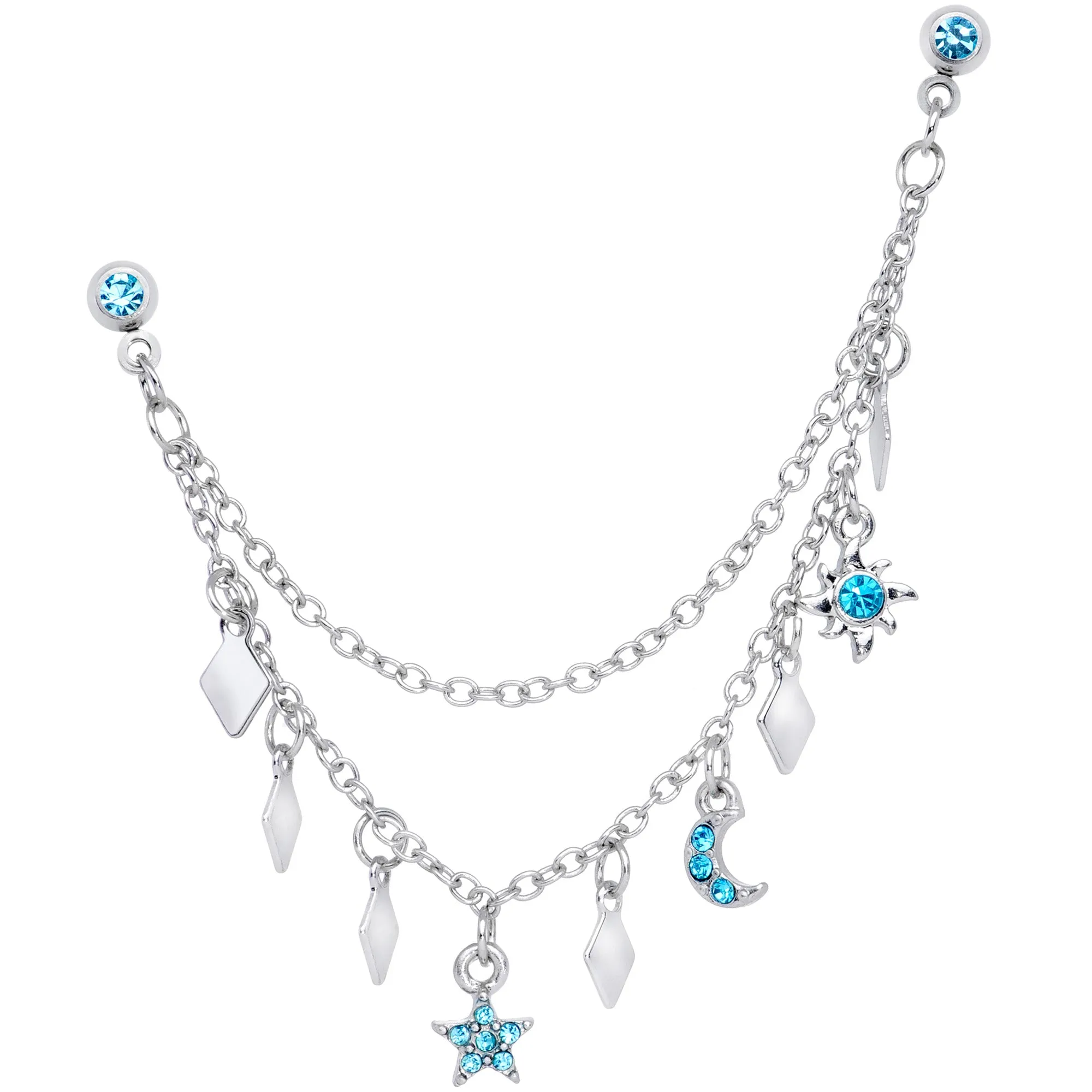16 Gauge 1/4 Aqua Gem Moon Star Sun Dangle Cartilage Chain Earring