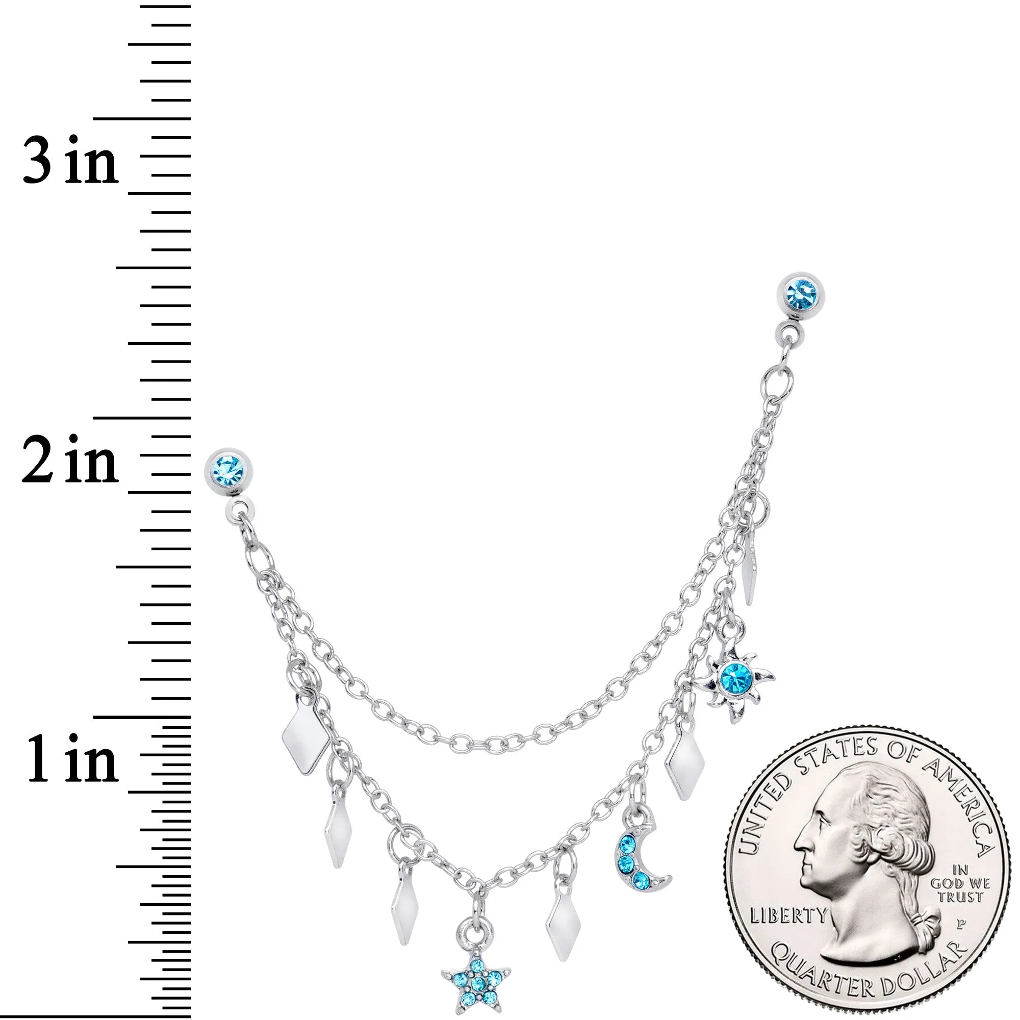 16 Gauge 1/4 Aqua Gem Moon Star Sun Dangle Cartilage Chain Earring