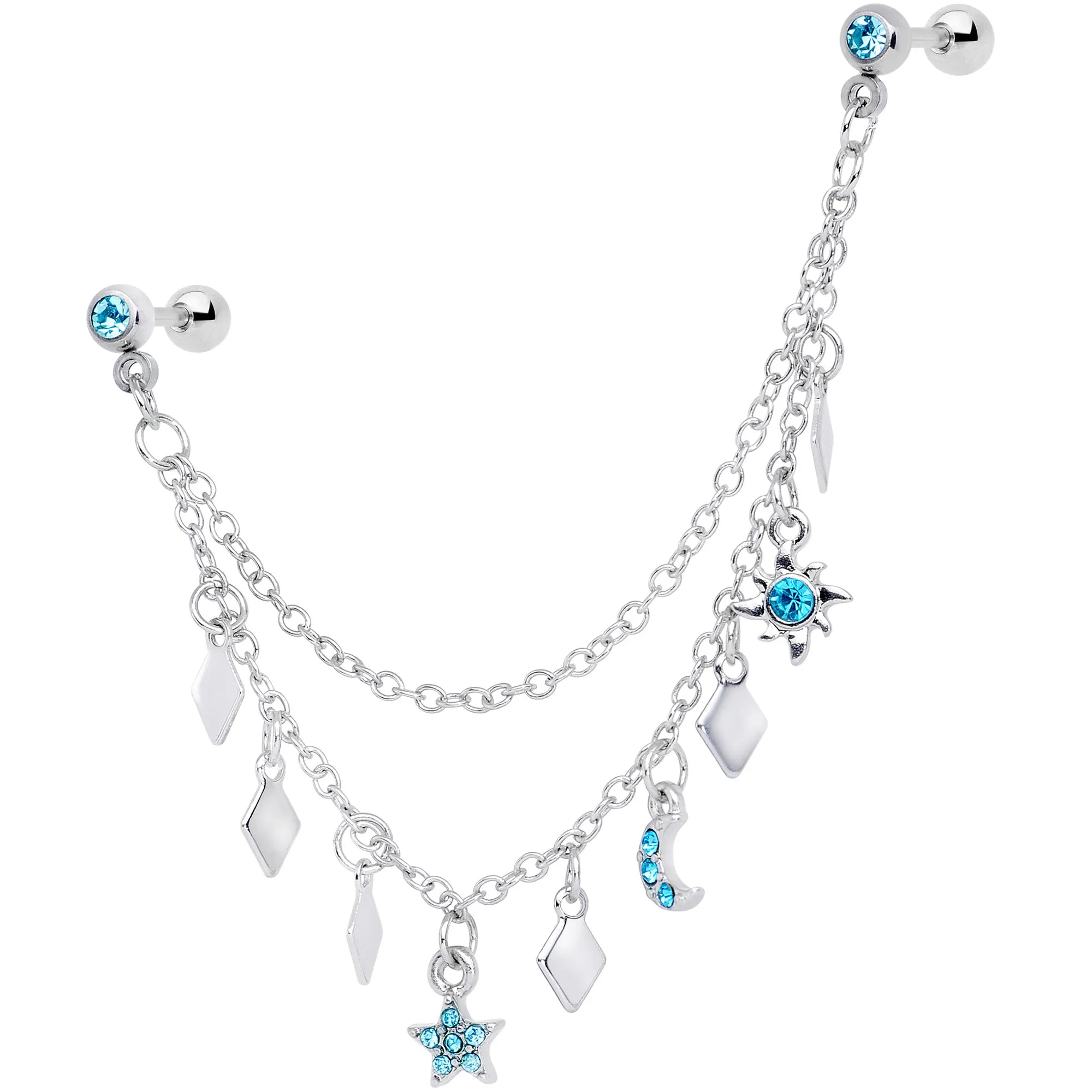 16 Gauge 1/4 Aqua Gem Moon Star Sun Dangle Cartilage Chain Earring