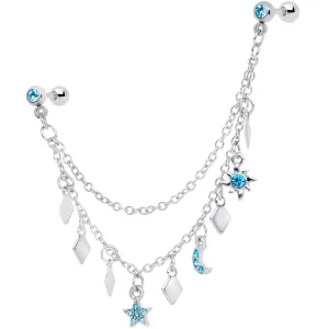 16 Gauge 1/4 Aqua Gem Moon Star Sun Dangle Cartilage Chain Earring
