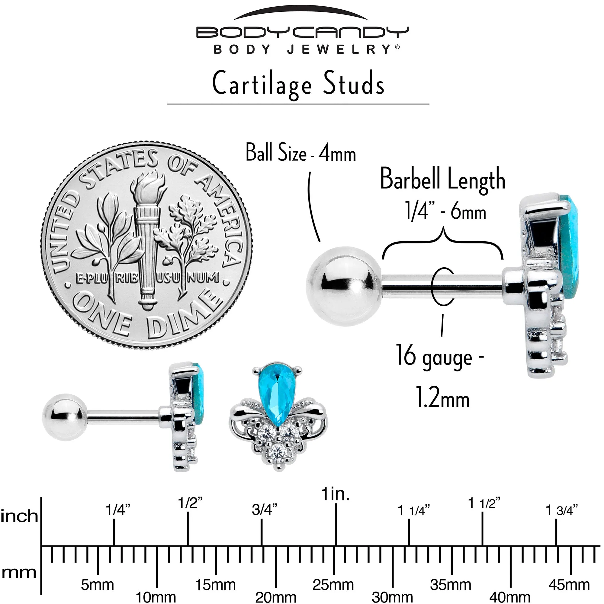 16 Gauge 1/4 Blue Gem Style Simplicity Cartilage Tragus Earring