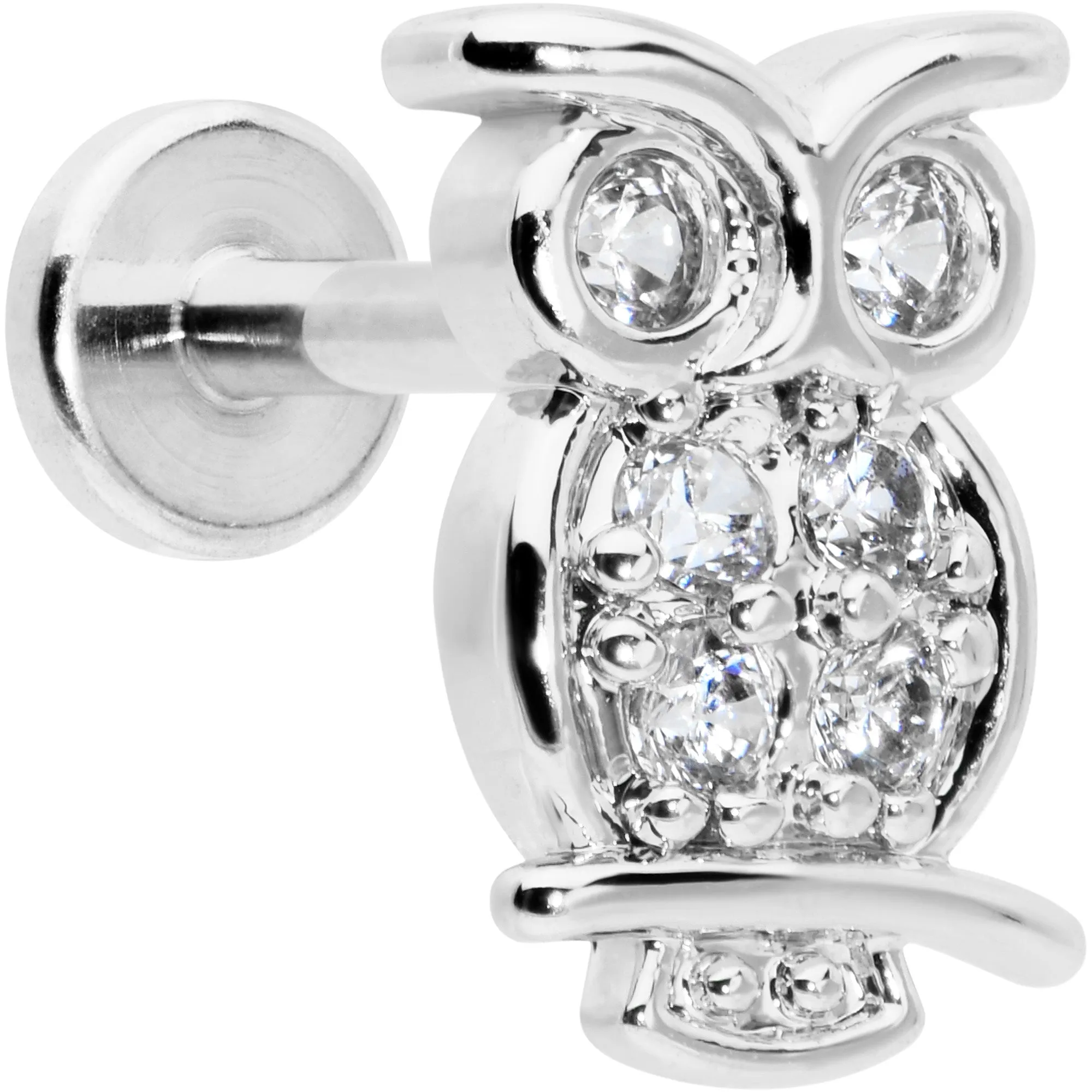 16 Gauge 1/4 Clear CZ Gem Owl Internal Thread Labret Monroe Tragus