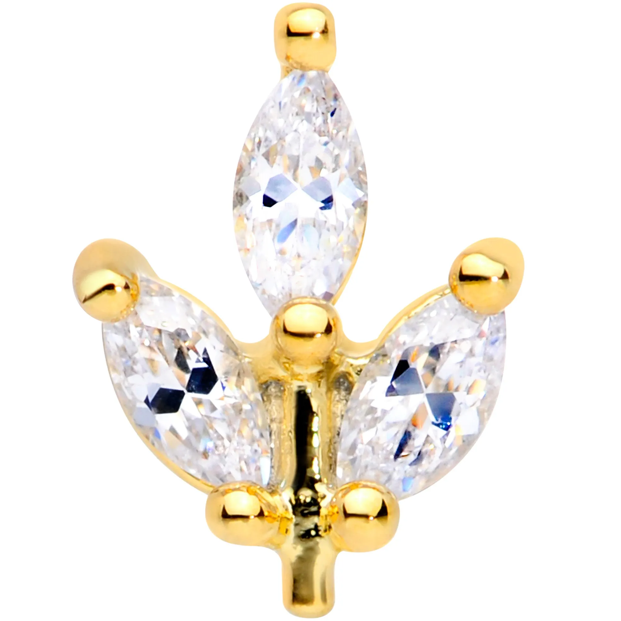 16 Gauge 1/4 CZ Gem Gold PVD Leaf Threadless Push In Labret Tragus