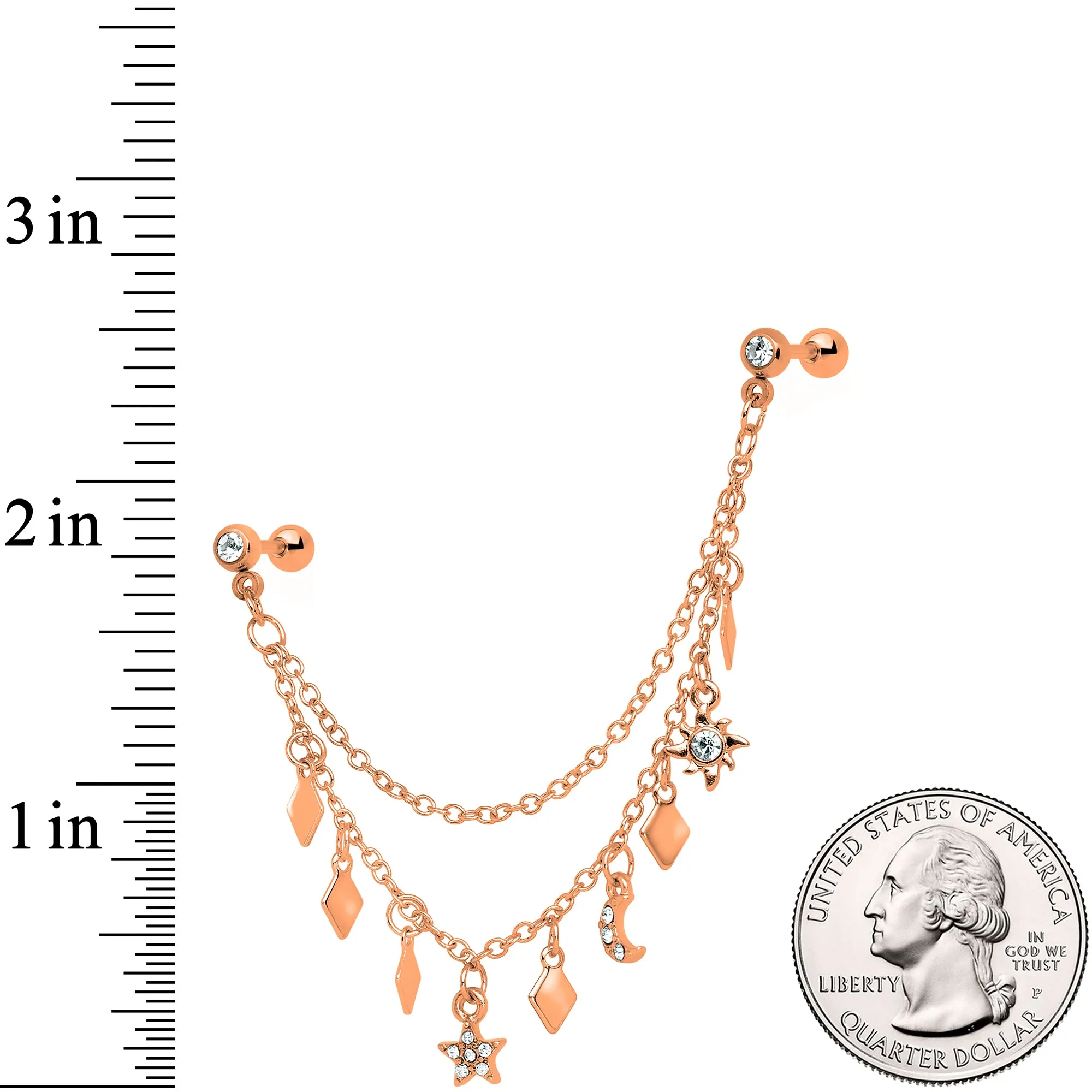 16 Gauge 1/4 Rose Gold Tone Moon Sun Dangle Cartilage Chain Earring