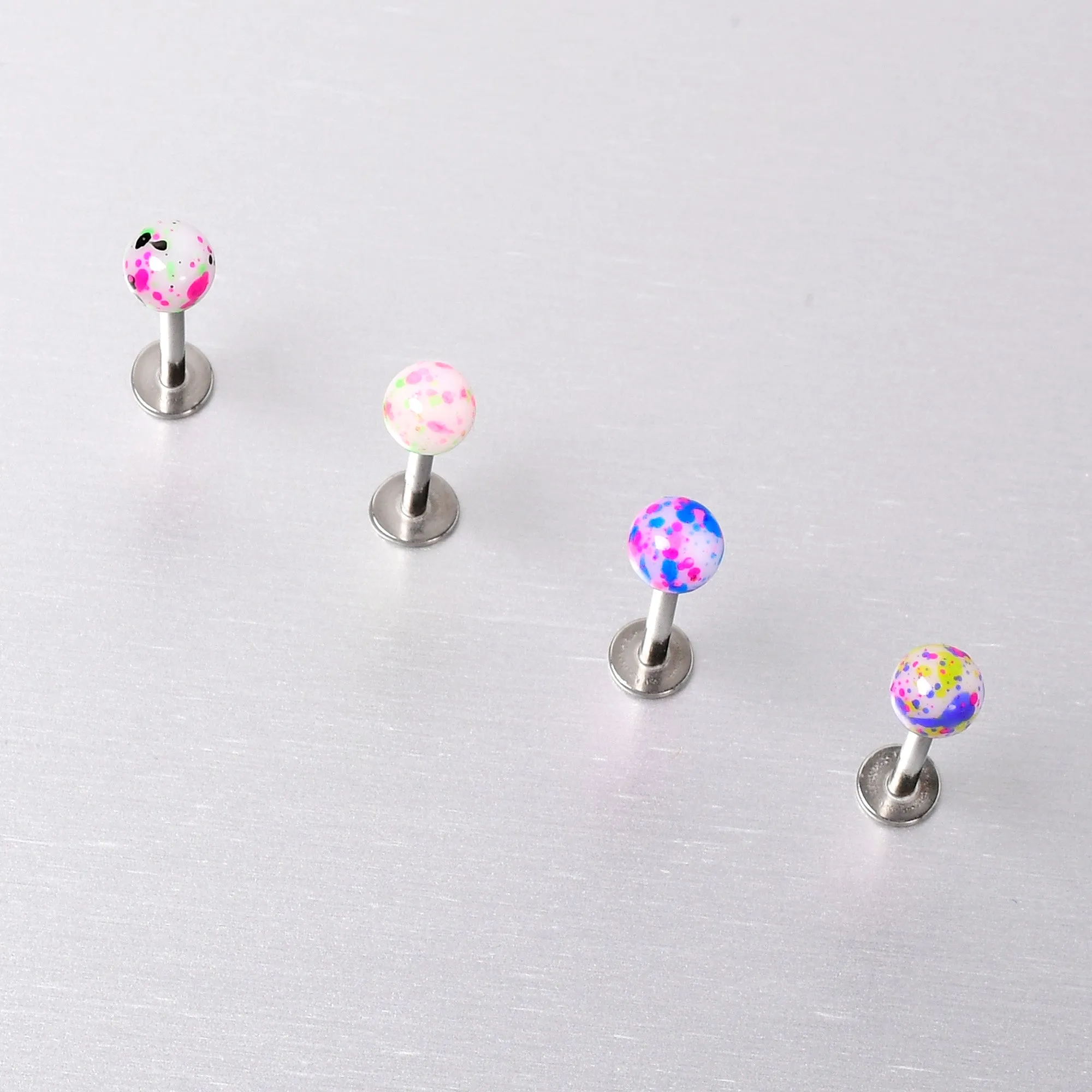 16 Gauge 3/8 Splatter Pink Blue Labret Monroe Tragus Set of 4