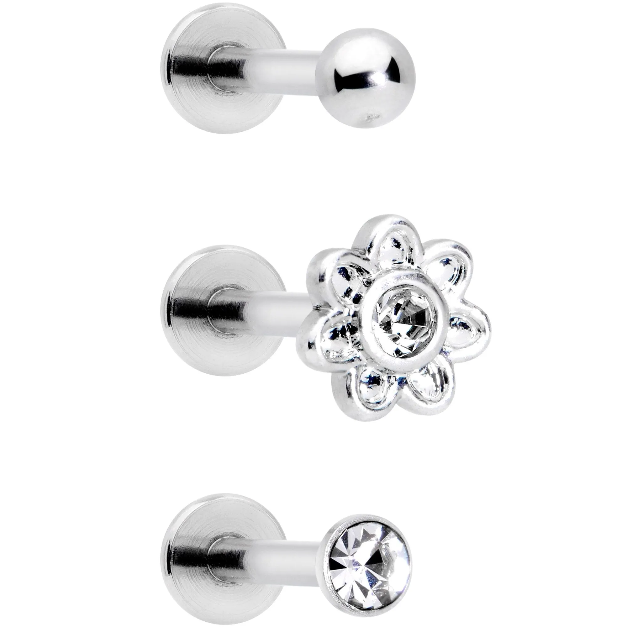 16 Gauge 5/16 Clear Gem Flower Top Labret Tragus Set of Three