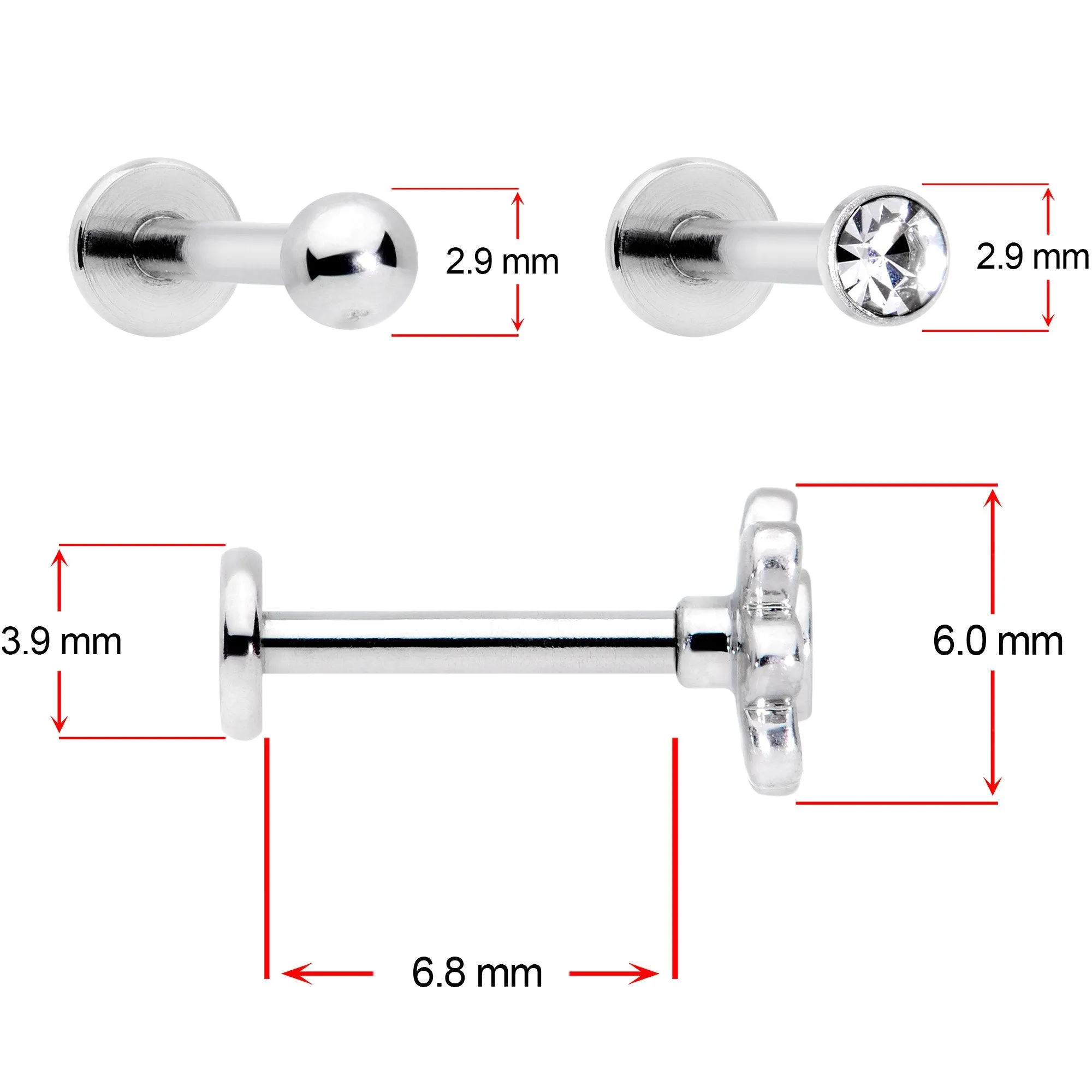 16 Gauge 5/16 Clear Gem Flower Top Labret Tragus Set of Three