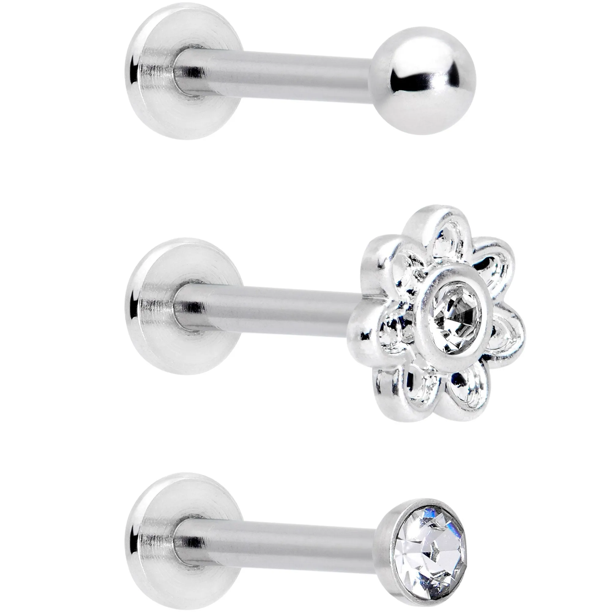 16 Gauge 5/16 Clear Gem Flower Top Labret Tragus Set of Three