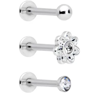 16 Gauge 5/16 Clear Gem Flower Top Labret Tragus Set of Three