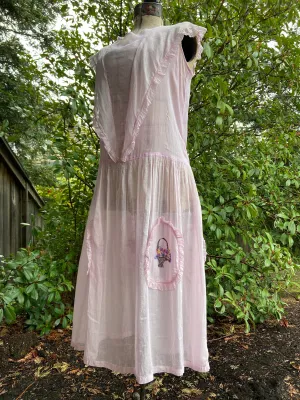 1920s Drop Waist Cotton Voile Flower Basket Dress