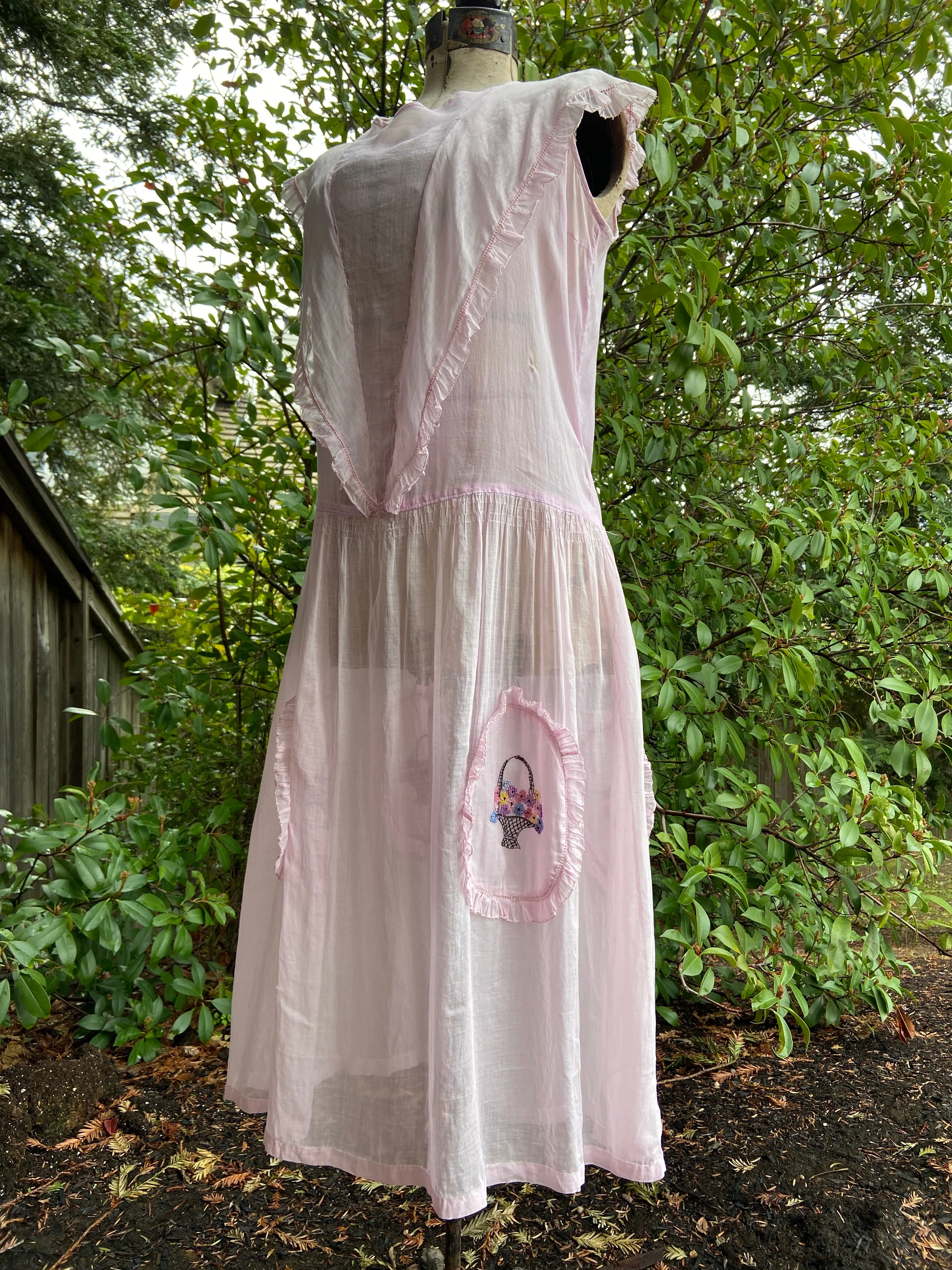 1920s Drop Waist Cotton Voile Flower Basket Dress