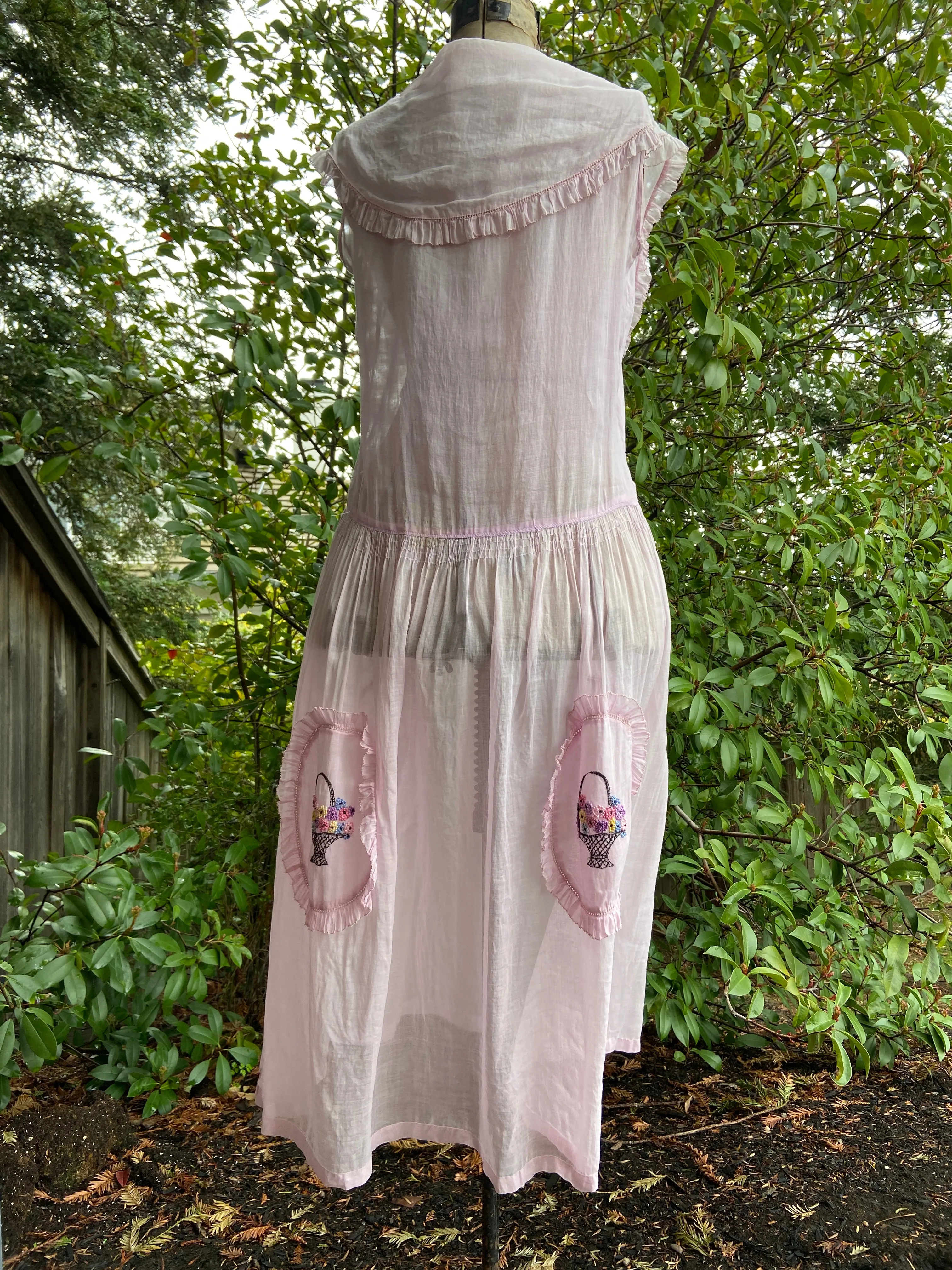 1920s Drop Waist Cotton Voile Flower Basket Dress