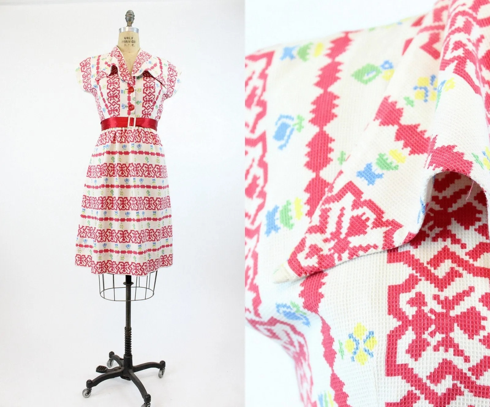 1930s cotton cross stitch print dress medium | new spring summer