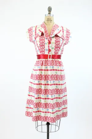 1930s cotton cross stitch print dress medium | new spring summer