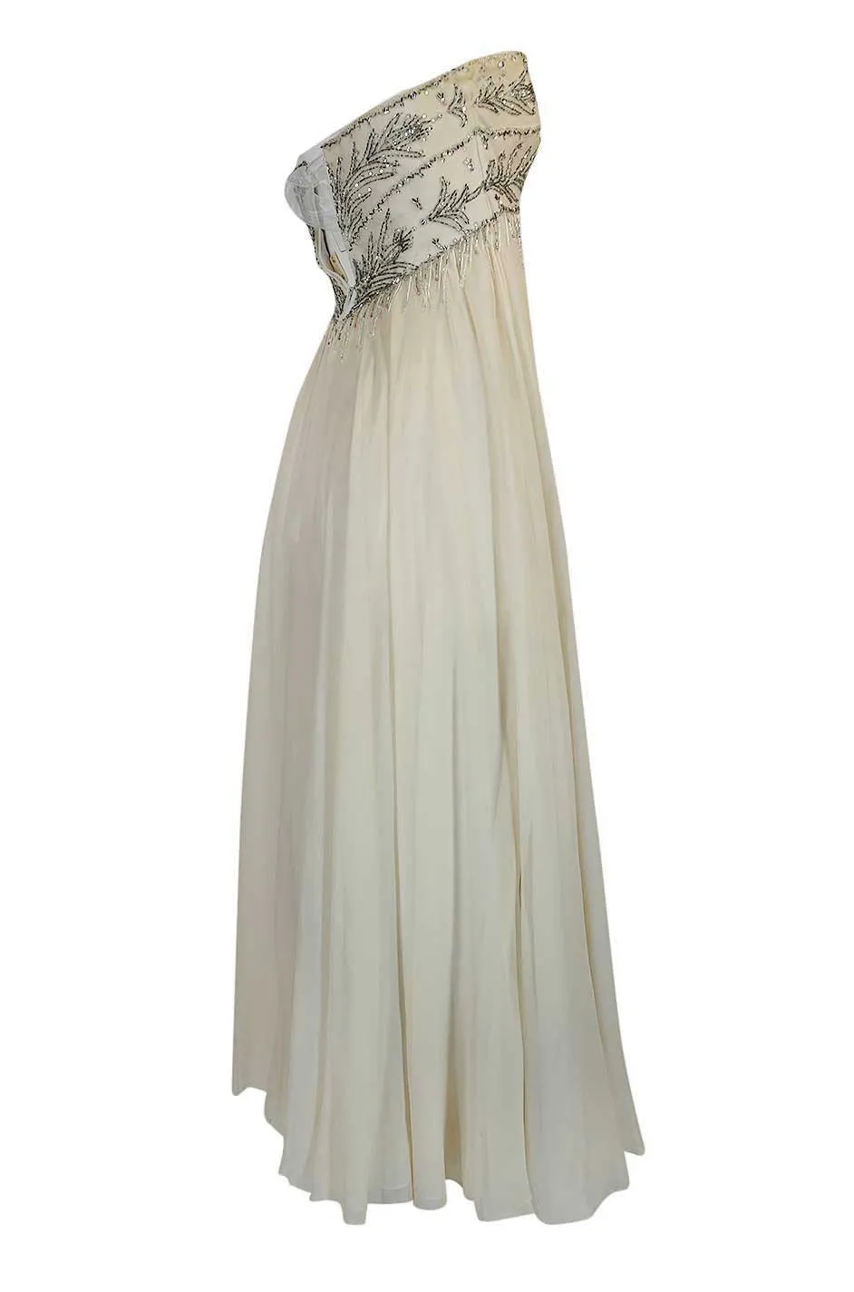 1970s Bob Mackie Beaded Strapless Ivory Silk Chiffon Dress