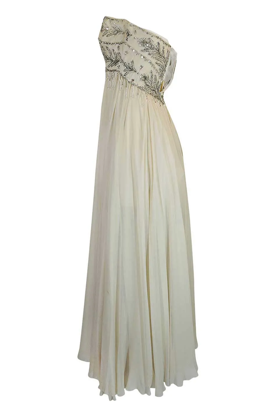 1970s Bob Mackie Beaded Strapless Ivory Silk Chiffon Dress
