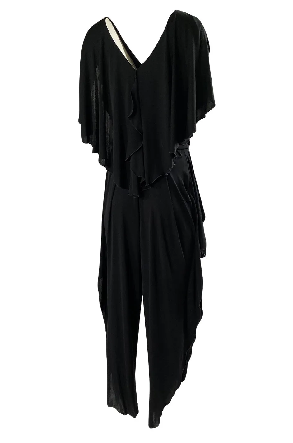 1970s Holly's Harp Black Jersey Ruffled Edge Pant & V Front Top Set