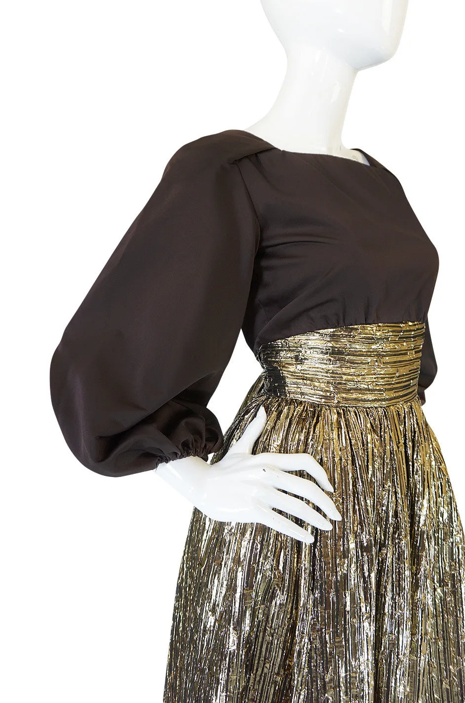 1970s Travilla Puffed Sleeve Silk & Gold Lame Gown