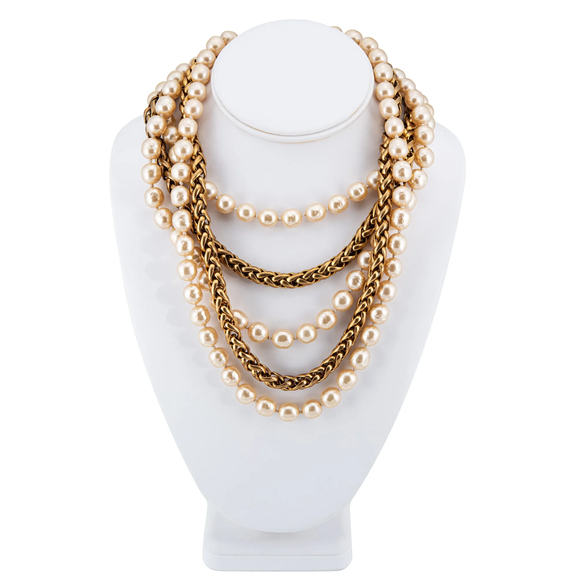 1984 Vintage Chanel Multi Strand Choker Necklace Faux Pearls Yellow Gold Tone