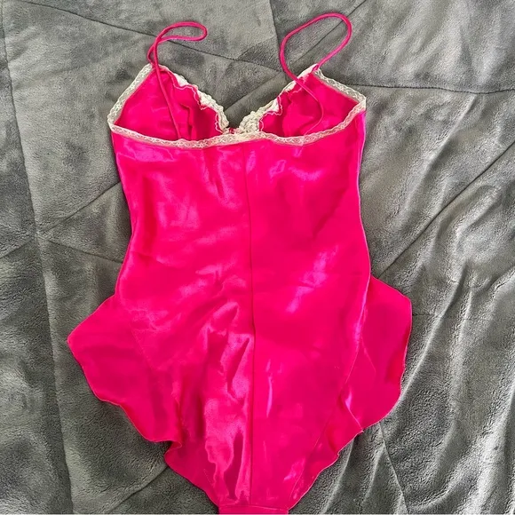 1990s Vintage Victoria’s Secret Teddy One Piece Hot Pink Lace Medium GOLD LABEL