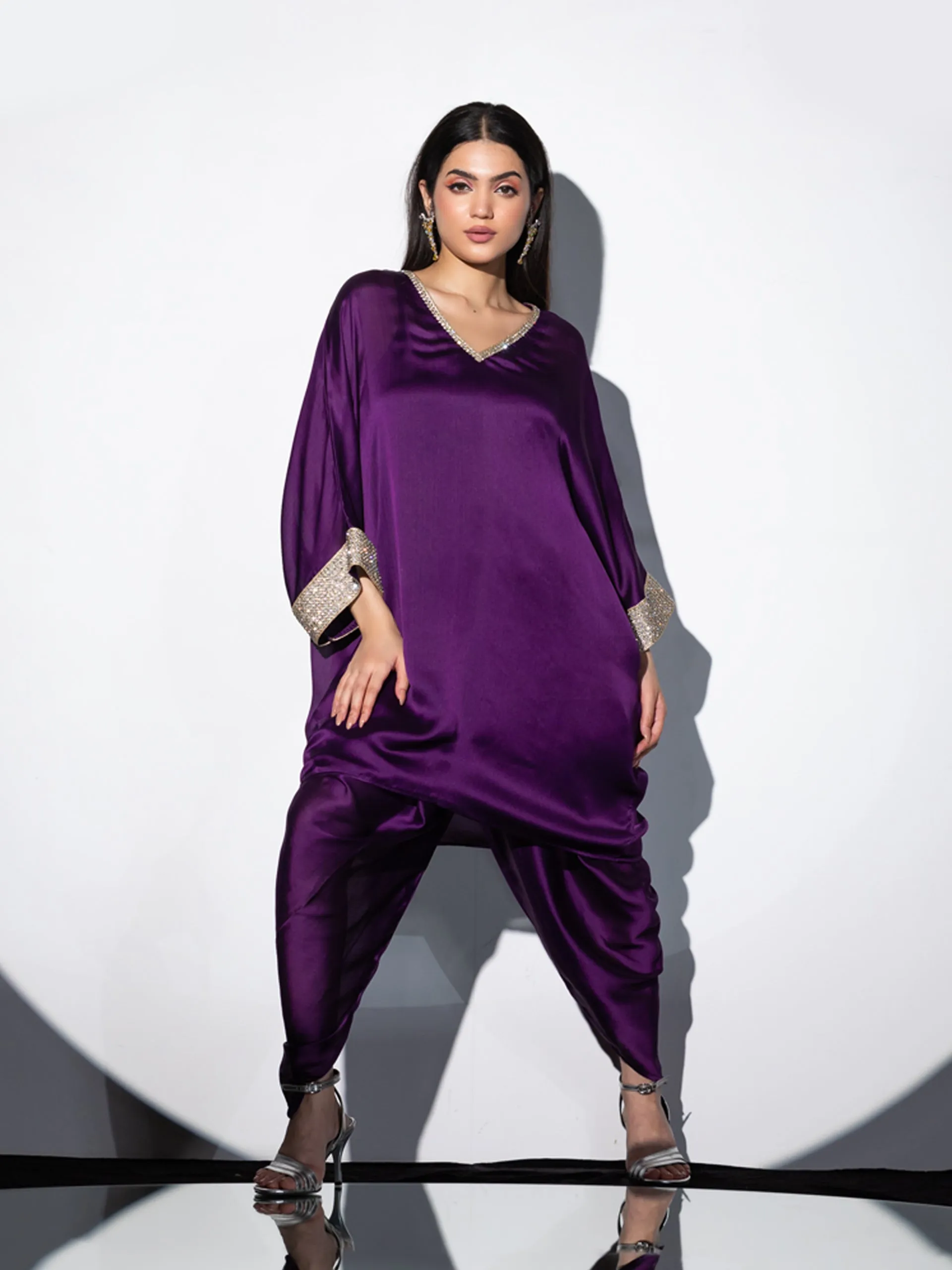 2pcs. SET | Amethyst Purple Diamond studded Top with Dhoti Pants