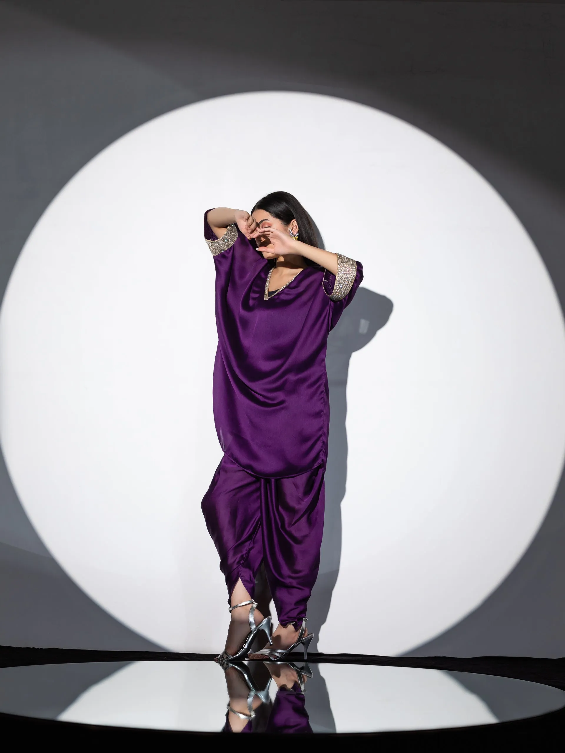 2pcs. SET | Amethyst Purple Diamond studded Top with Dhoti Pants