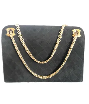 70's, 80's Vintage CHANEL genuine black suede leather kiss lock closure shoulder bag with gold tone CC marks and skinny chains. Rare purse.