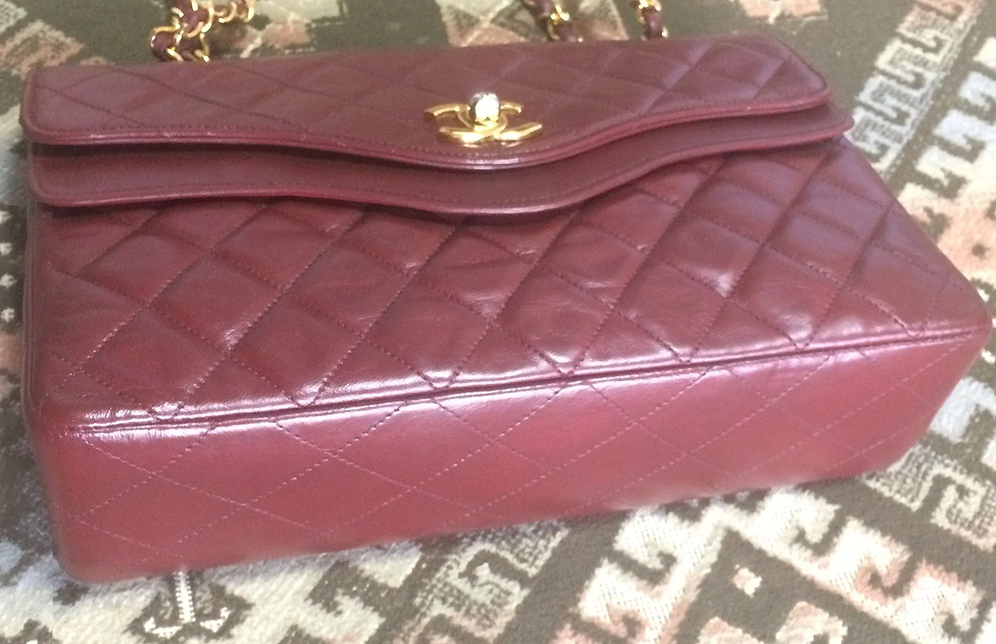 70's, 80's Vintage Chanel wine, bordeaux lambskin rare 2.55 double flap chain shoulder bag. One-of-a-kind bag back in the era.