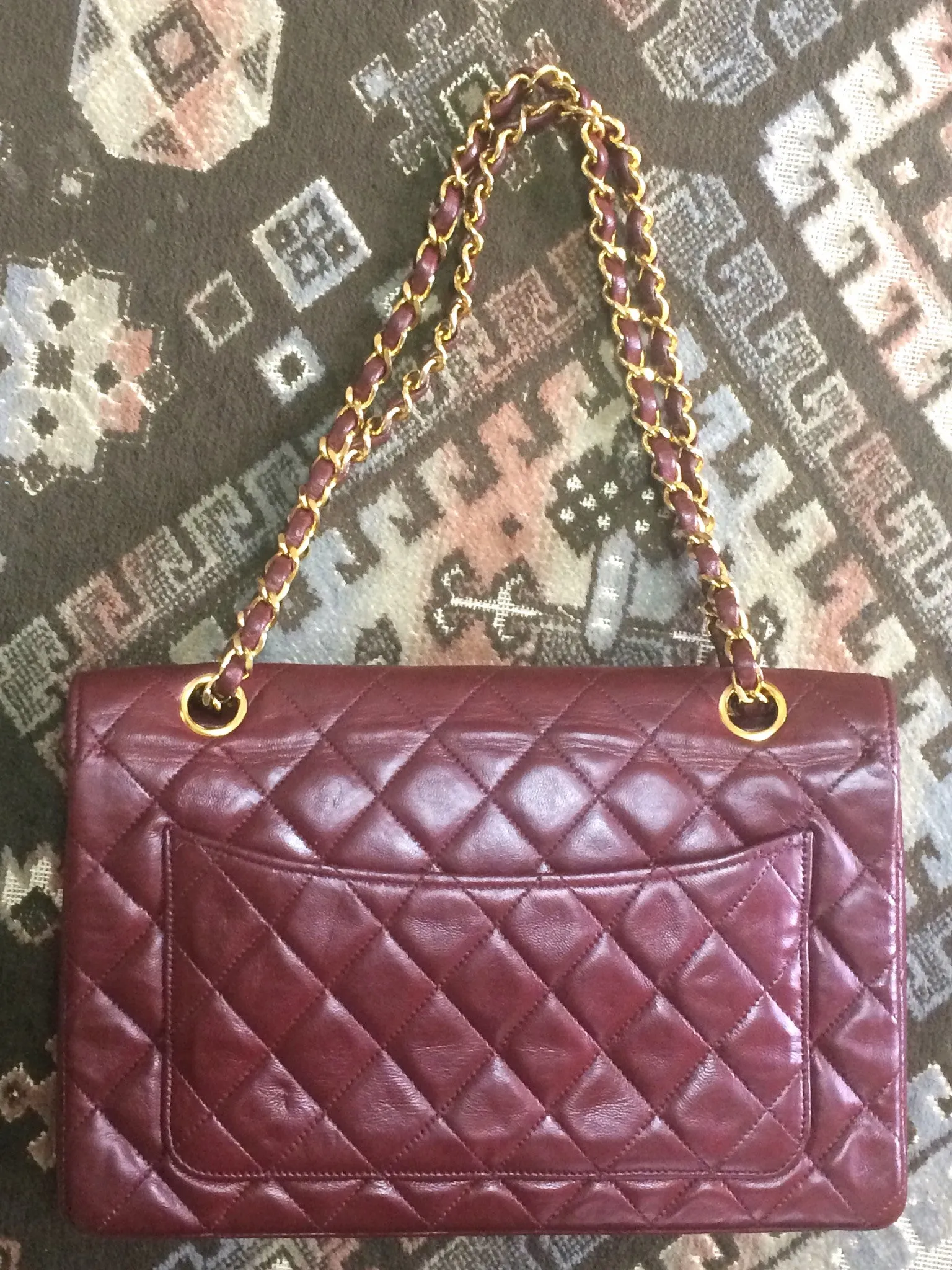 70's, 80's Vintage Chanel wine, bordeaux lambskin rare 2.55 double flap chain shoulder bag. One-of-a-kind bag back in the era.