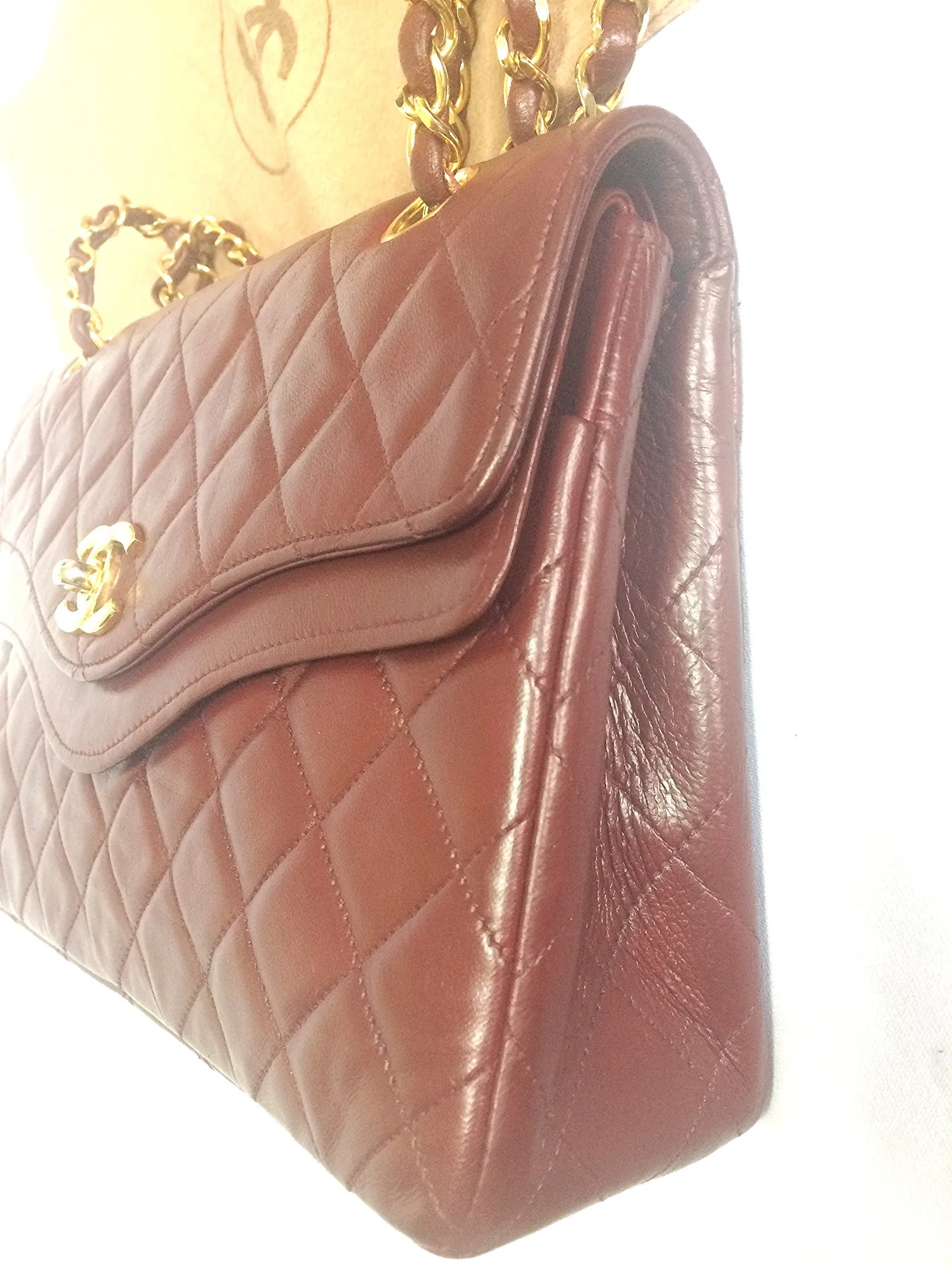 70's, 80's Vintage Chanel wine, bordeaux lambskin rare 2.55 double flap chain shoulder bag. One-of-a-kind bag back in the era.