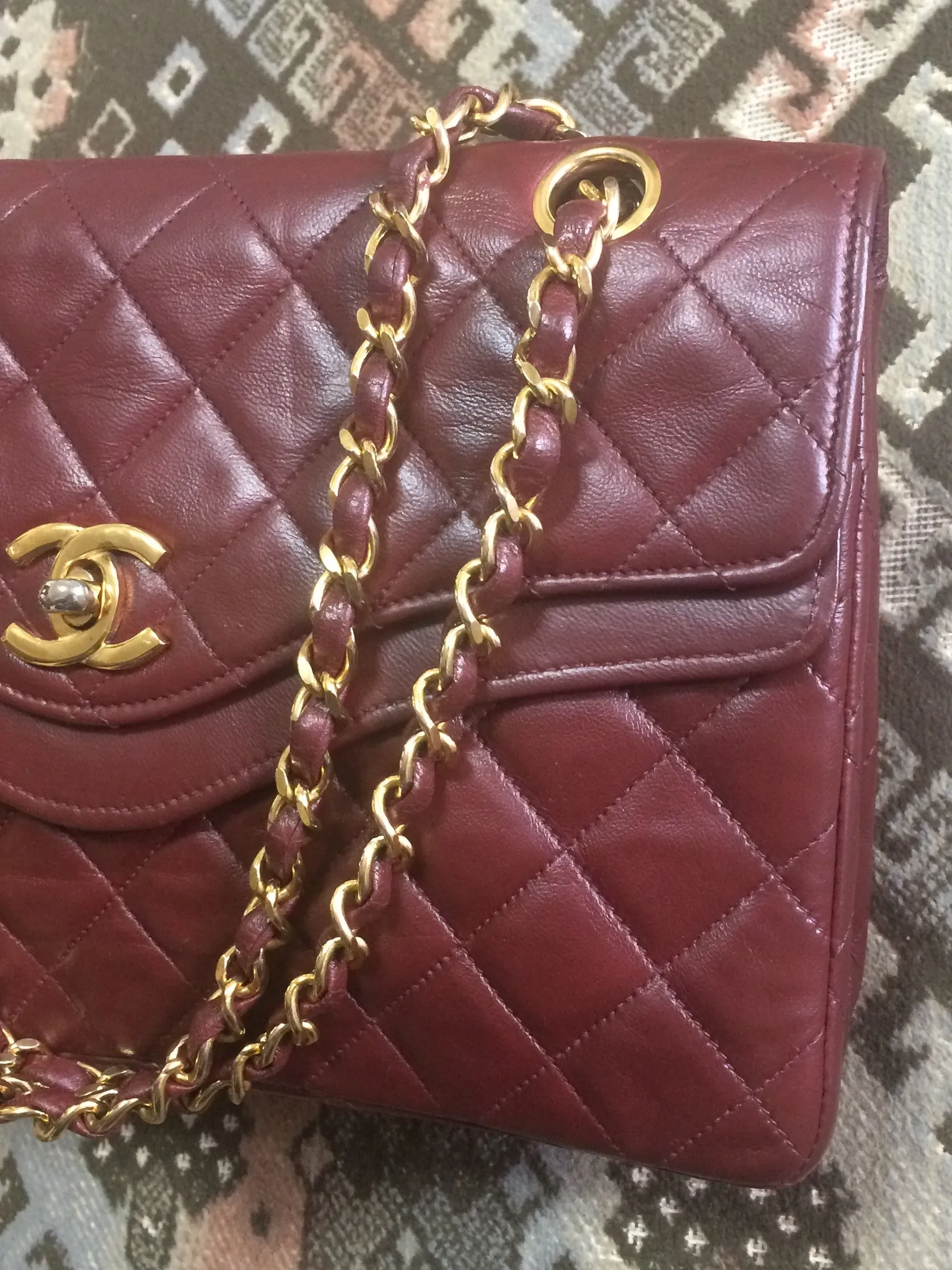 70's, 80's Vintage Chanel wine, bordeaux lambskin rare 2.55 double flap chain shoulder bag. One-of-a-kind bag back in the era.