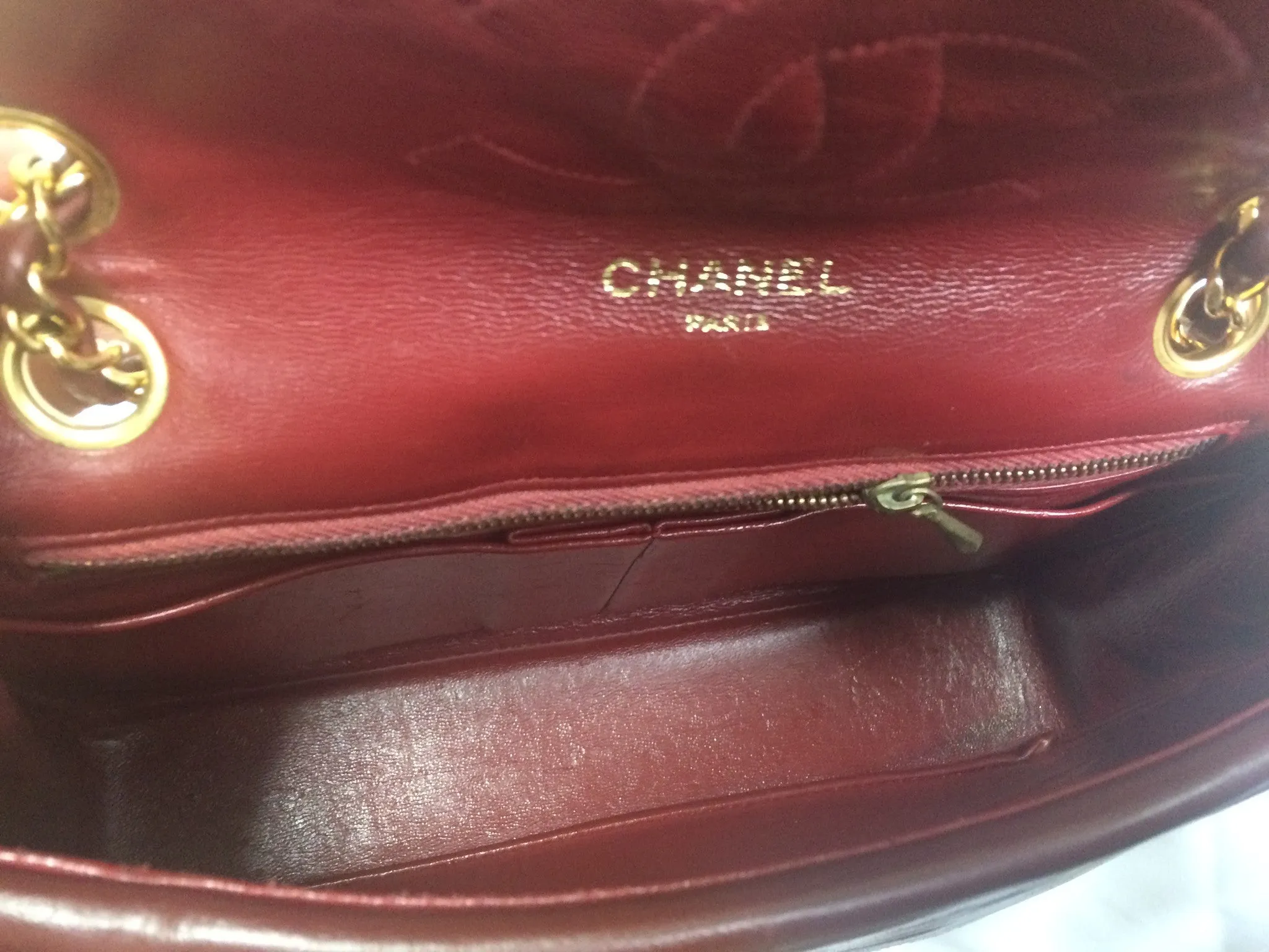 70's, 80's Vintage Chanel wine, bordeaux lambskin rare 2.55 double flap chain shoulder bag. One-of-a-kind bag back in the era.