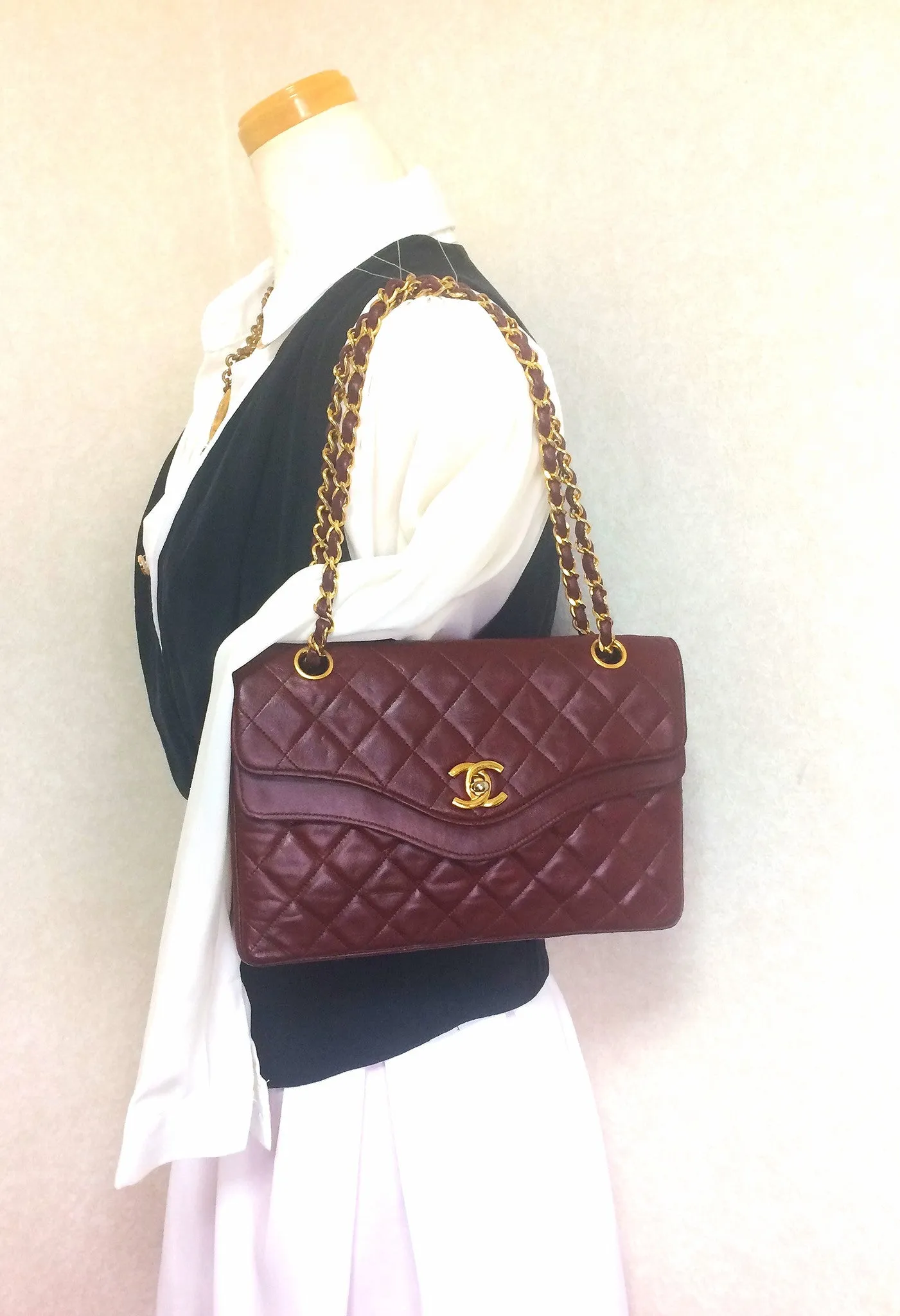 70's, 80's Vintage Chanel wine, bordeaux lambskin rare 2.55 double flap chain shoulder bag. One-of-a-kind bag back in the era.