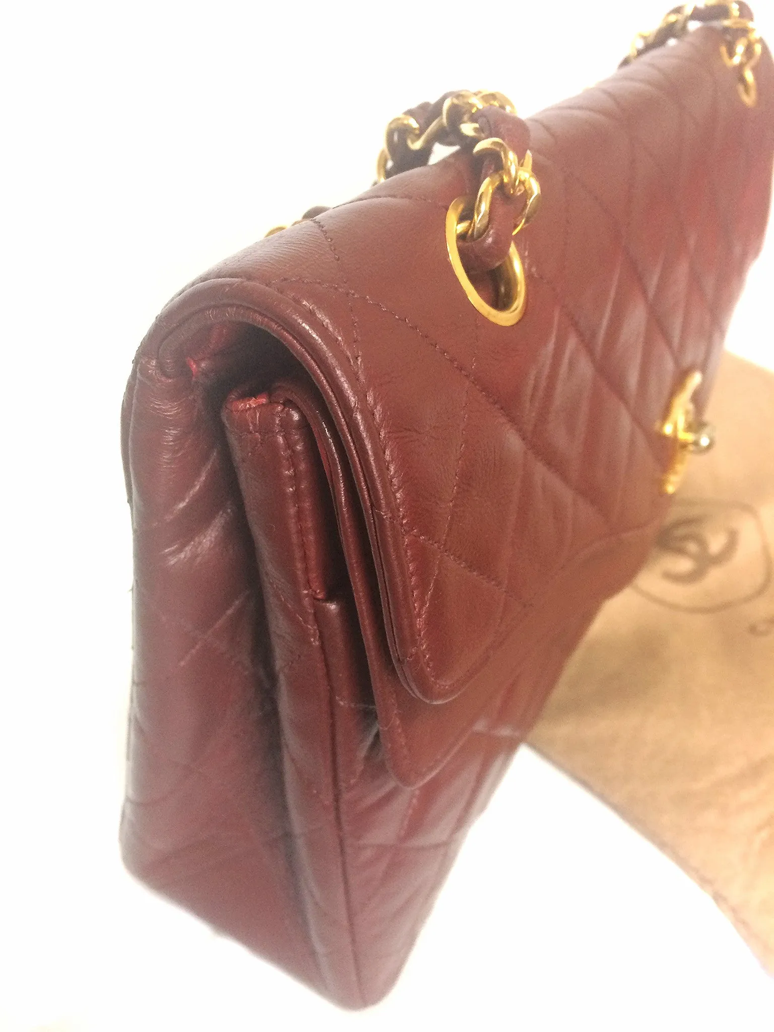 70's, 80's Vintage Chanel wine, bordeaux lambskin rare 2.55 double flap chain shoulder bag. One-of-a-kind bag back in the era.